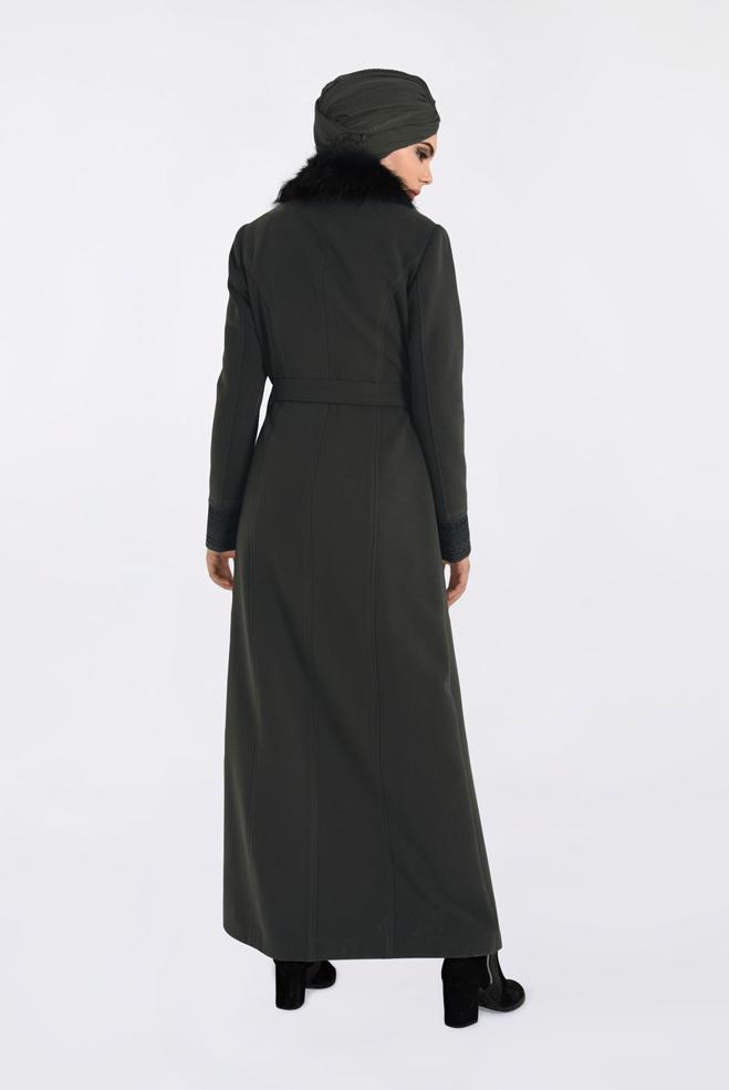 Hijab clothing KHAKI FUR-COLLAR EMBROIDERED LONG WALKER COAT 9769 - ALVİNA