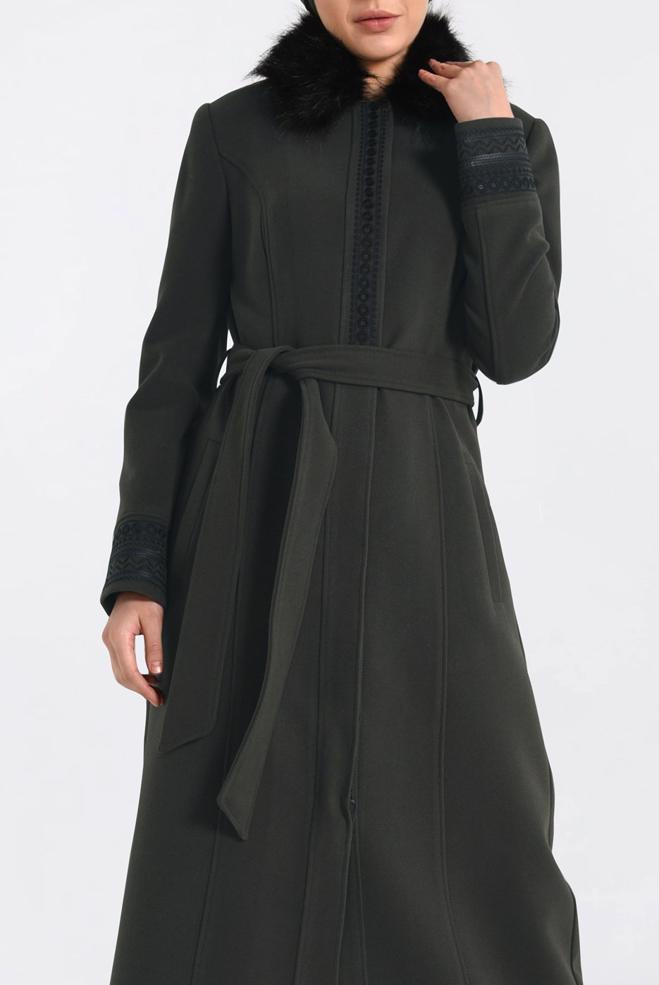 Hijab clothing KHAKI FUR-COLLAR EMBROIDERED LONG WALKER COAT 9769 - ALVİNA