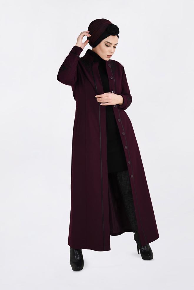 Hijab clothing CLARET RED HIDDEN BUTTONED LONG COAT 9773  - ALVİNA