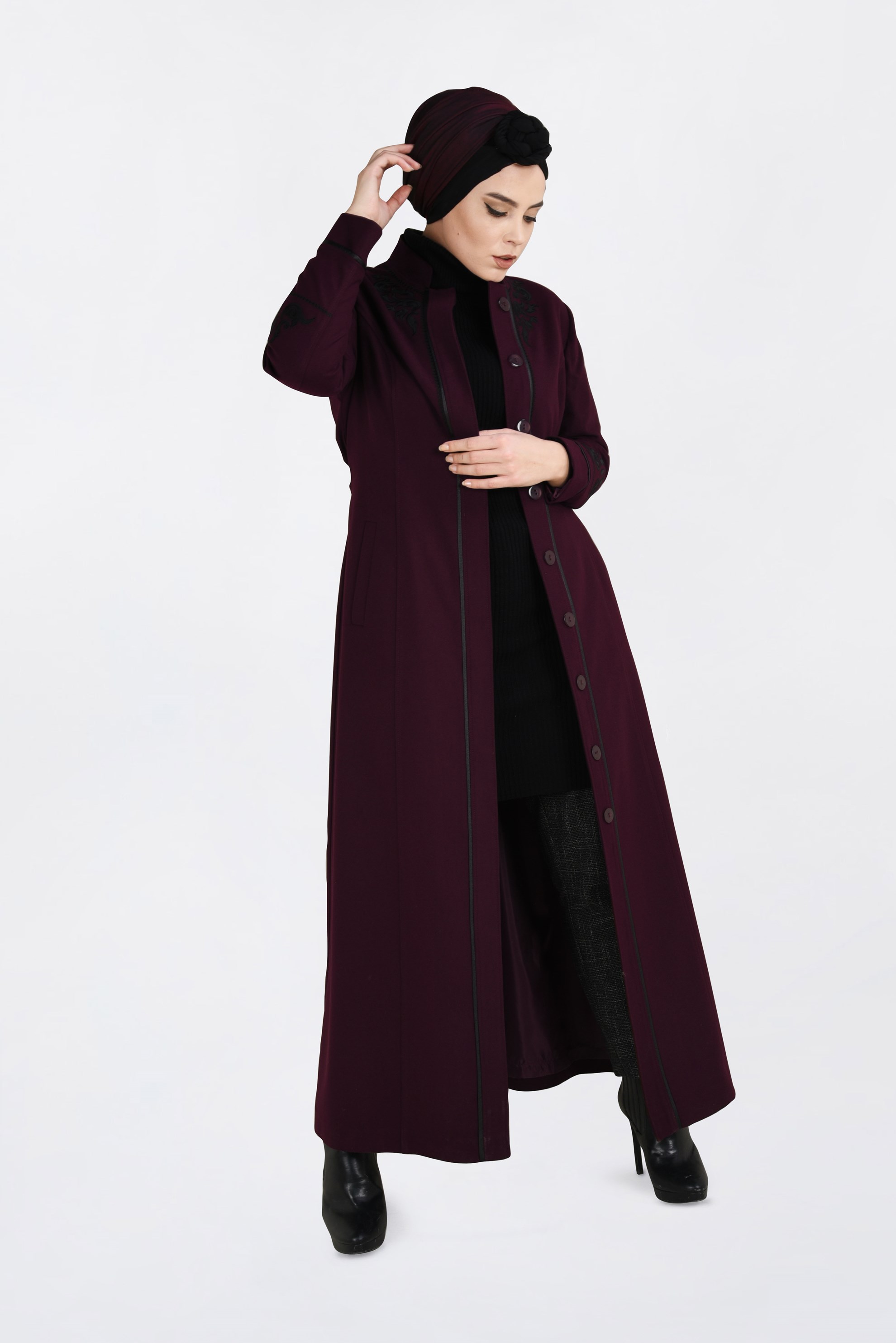 Hijab clothing CLARET RED HIDDEN BUTTONED LONG COAT 9773 