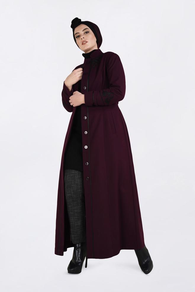 Hijab clothing CLARET RED HIDDEN BUTTONED LONG COAT 9773  - ALVİNA