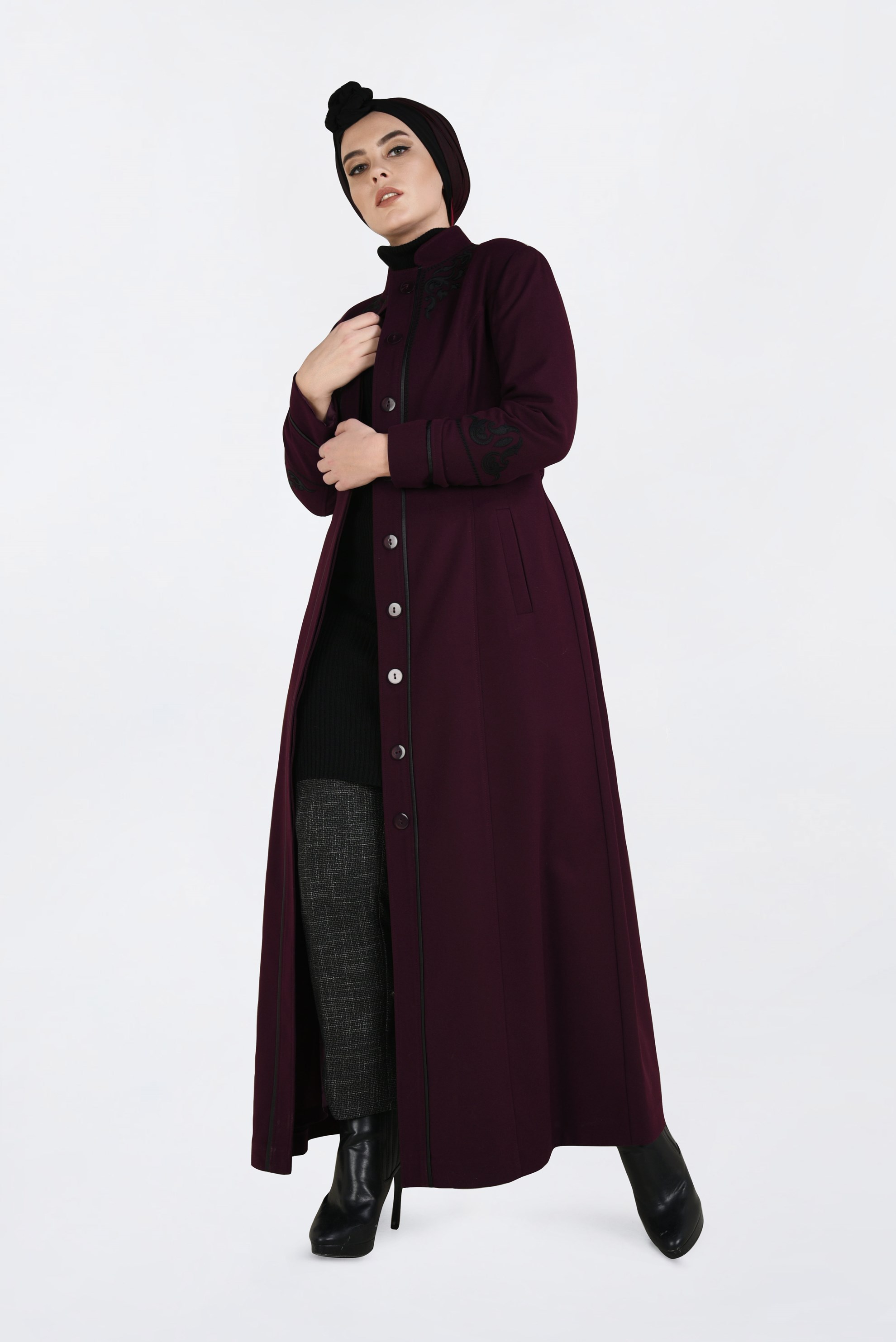 Hijab clothing CLARET RED HIDDEN BUTTONED LONG COAT 9773 