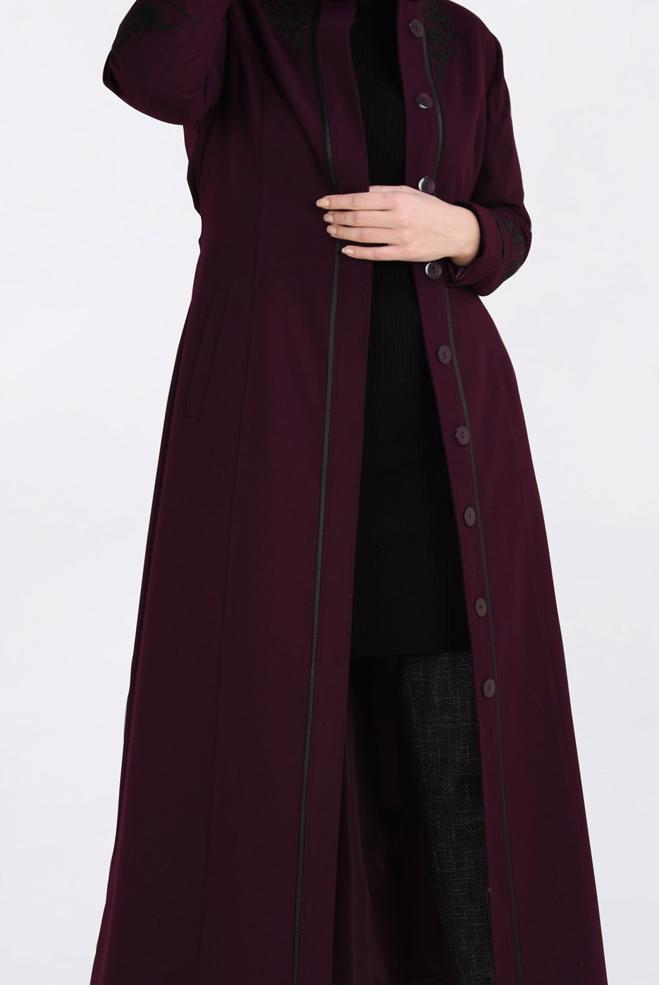 Hijab clothing CLARET RED HIDDEN BUTTONED LONG COAT 9773  - ALVİNA