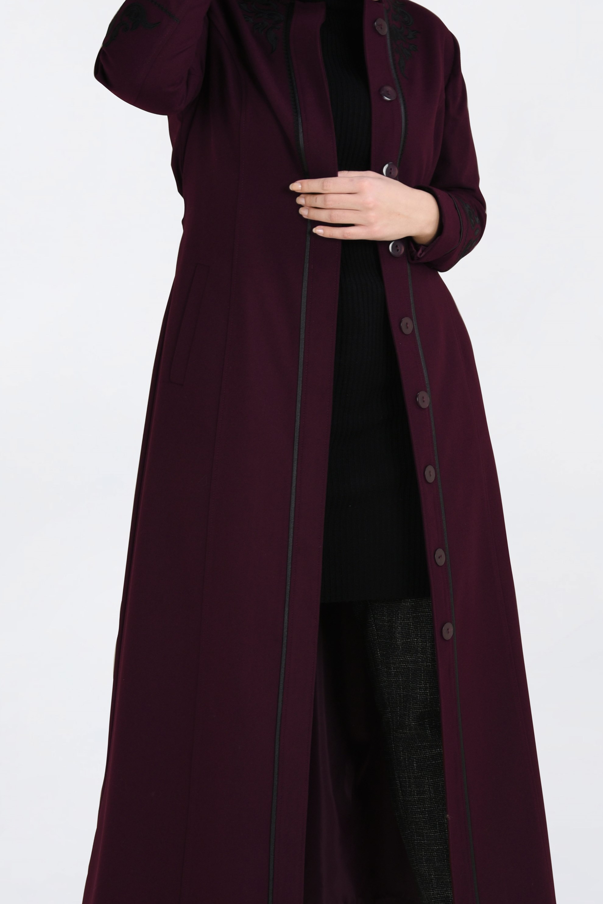 Hijab clothing CLARET RED HIDDEN BUTTONED LONG COAT 9773 