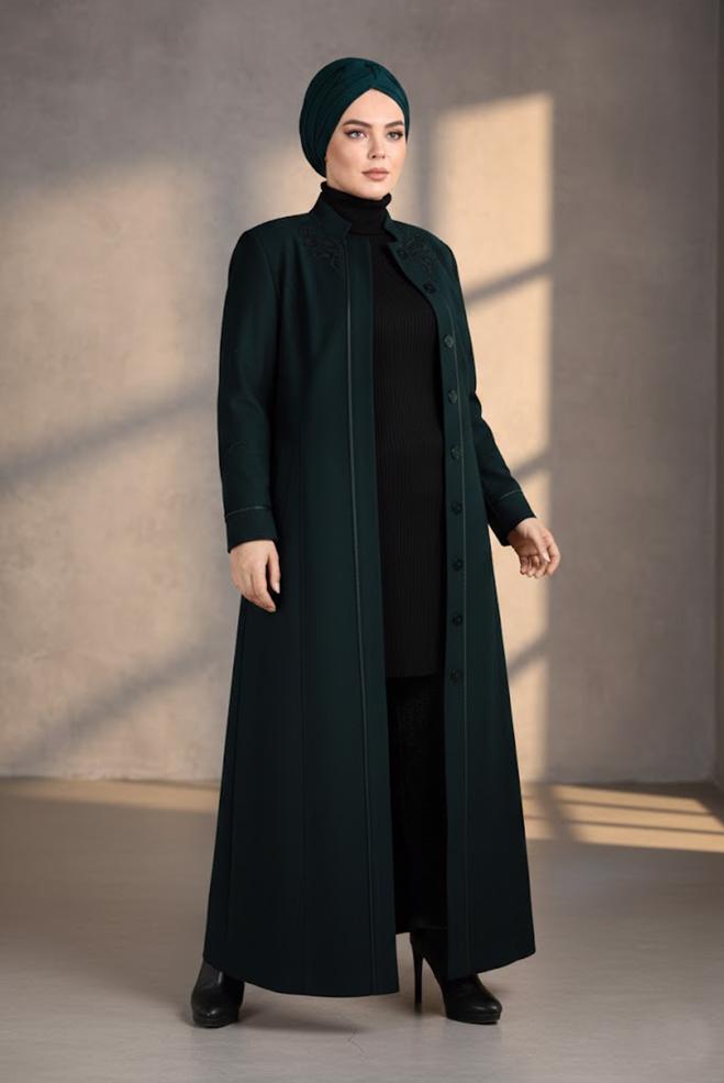 Hijab clothing GREEN HIDDEN BUTTONED LONG COAT 9773  - ALVİNA