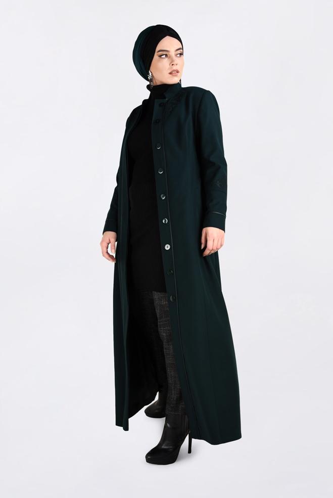 Hijab clothing GREEN HIDDEN BUTTONED LONG COAT 9773  - ALVİNA