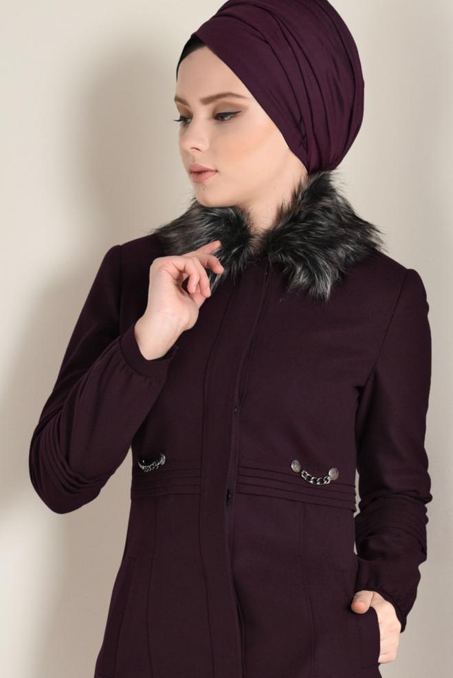 Vêtements hijab ROUGE BORDEAUX MANTEAU EN LAINE À COL EN FOURRURE 9789  - ALVİNA