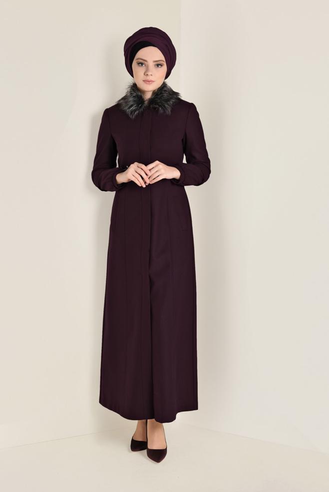 Vêtements hijab ROUGE BORDEAUX MANTEAU EN LAINE À COL EN FOURRURE 9789  - ALVİNA