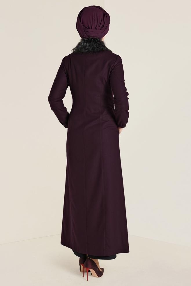 Vêtements hijab ROUGE BORDEAUX MANTEAU EN LAINE À COL EN FOURRURE 9789  - ALVİNA