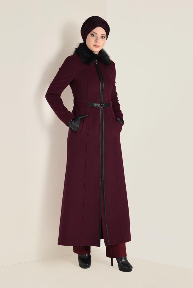 Vêtements hijab BEIGE MANTEAU À COL EN FOURRURE AVEC FERMETURE 9803  - ALVİNA