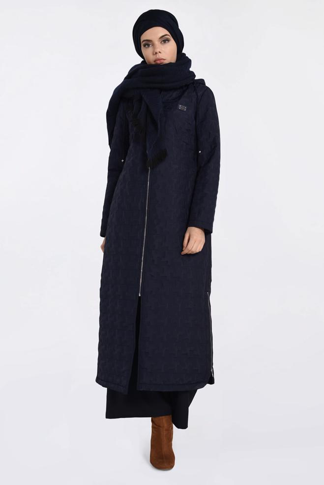 Vêtements hijab BLEU MARINE MANTEAU CÔTÉS À FERMETURE AVEC CAPUCHE 9826  - ALVİNA