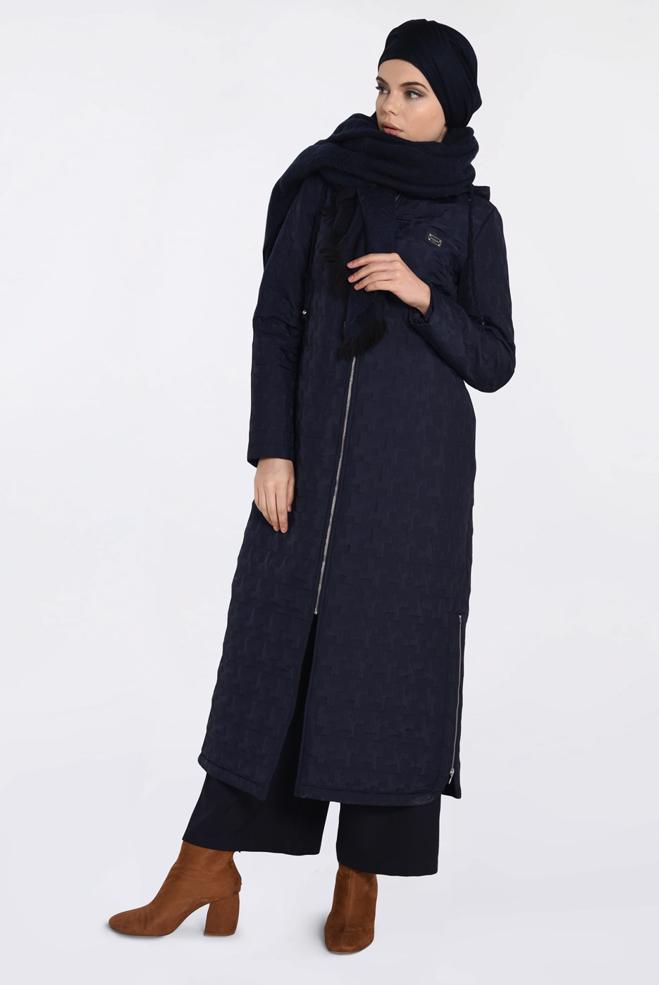 Vêtements hijab BLEU MARINE MANTEAU CÔTÉS À FERMETURE AVEC CAPUCHE 9826  - ALVİNA