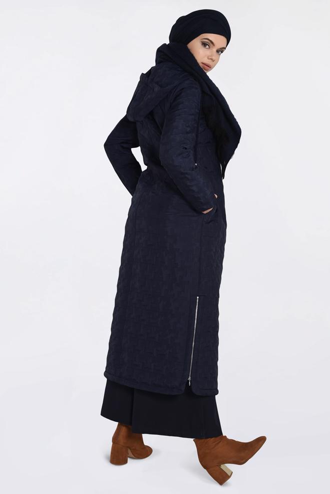 Vêtements hijab BLEU MARINE MANTEAU CÔTÉS À FERMETURE AVEC CAPUCHE 9826  - ALVİNA