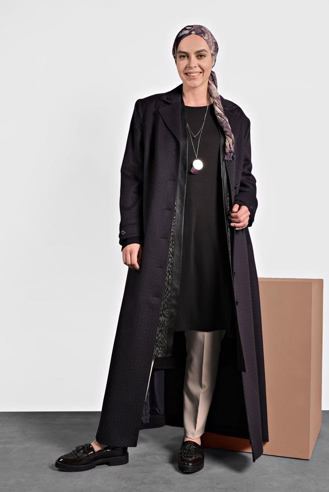 Hijab clothing NAVY BLUE BUTTONED WALKER COAT 9836 - ALVİNA