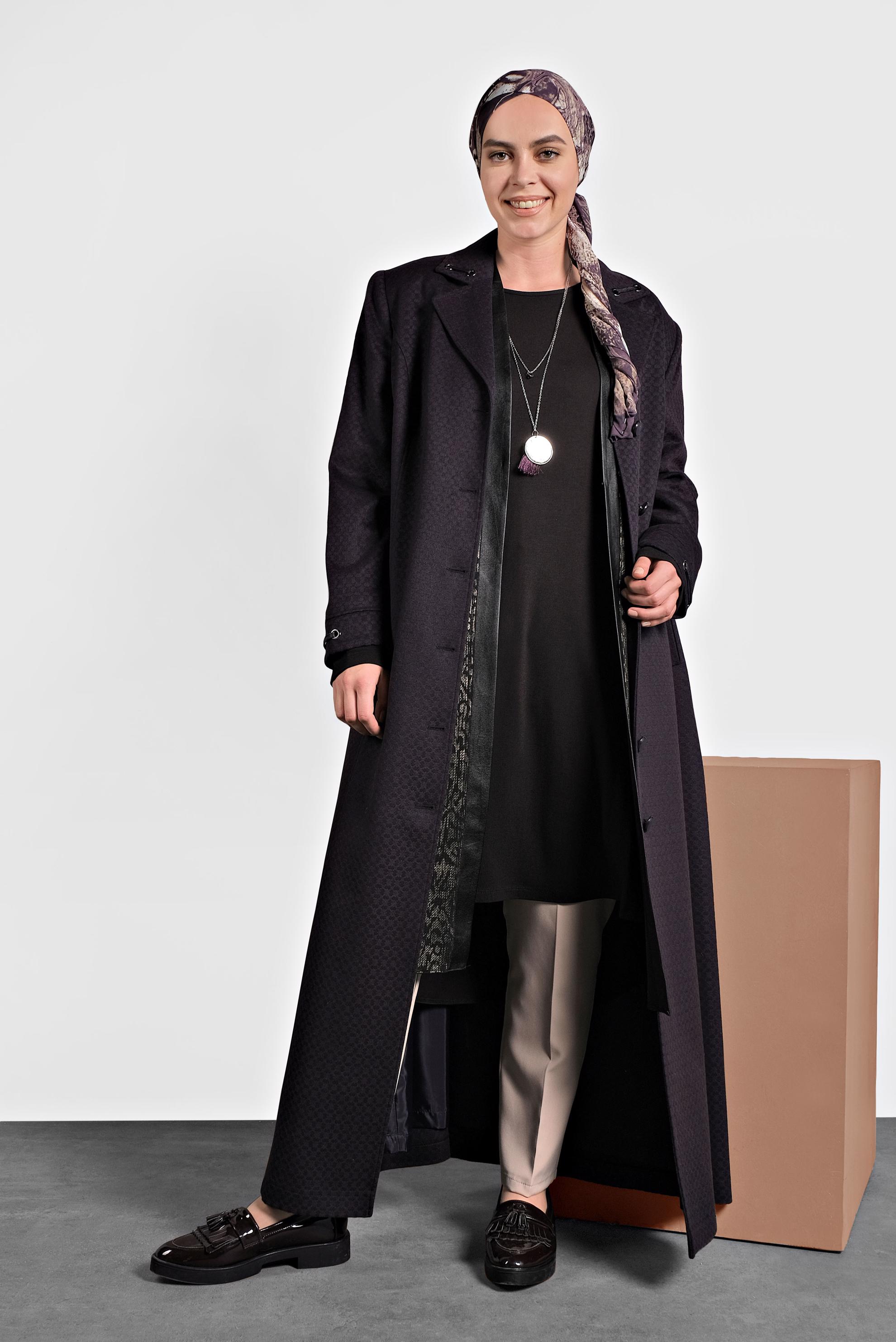 Vêtements hijab BLEU MARINE MANTEAU EN LAINE À BOUTONÉ 9836