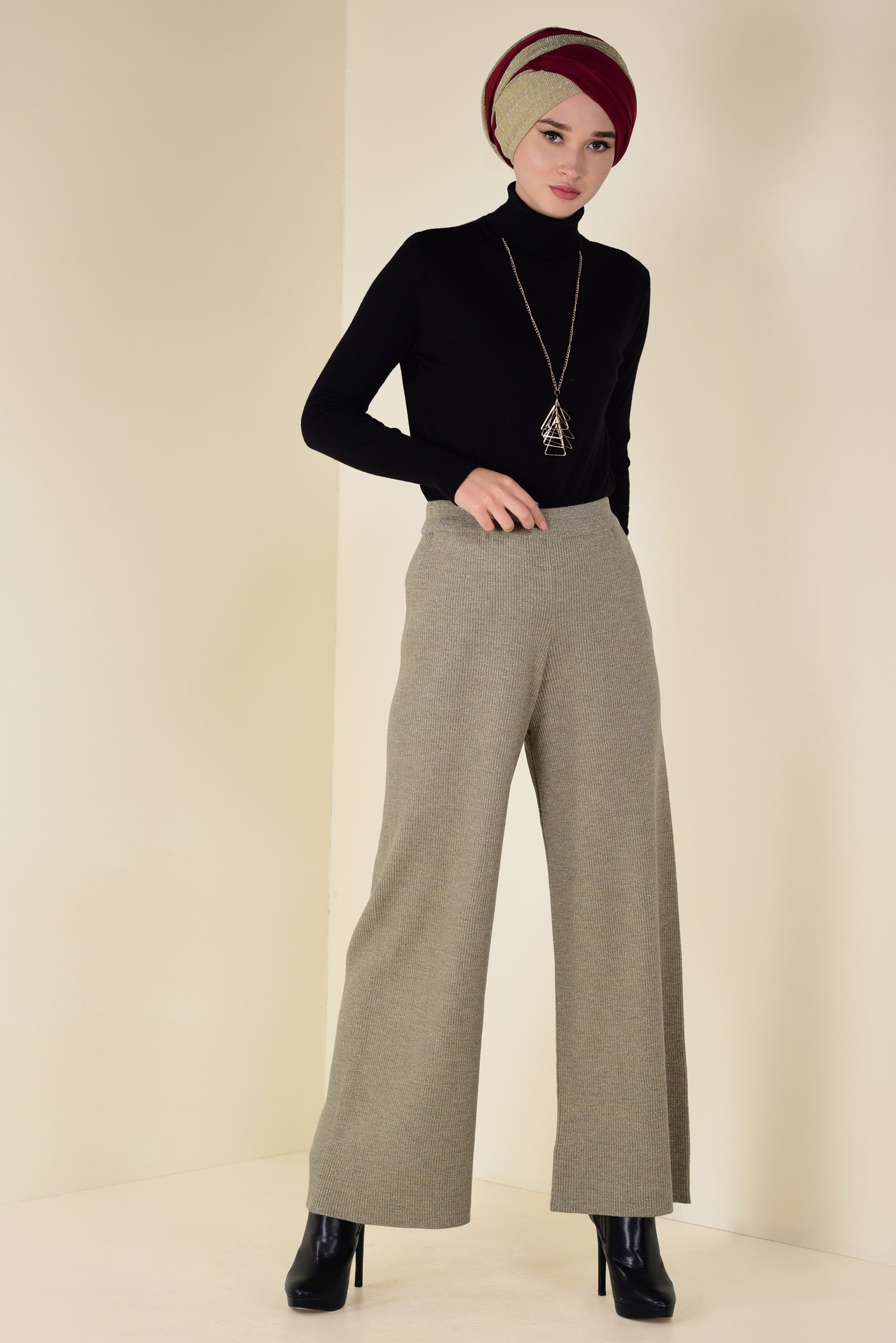 Tesettür giyim BEJ FİTİLLİ TRİKO PANTOLON 7400