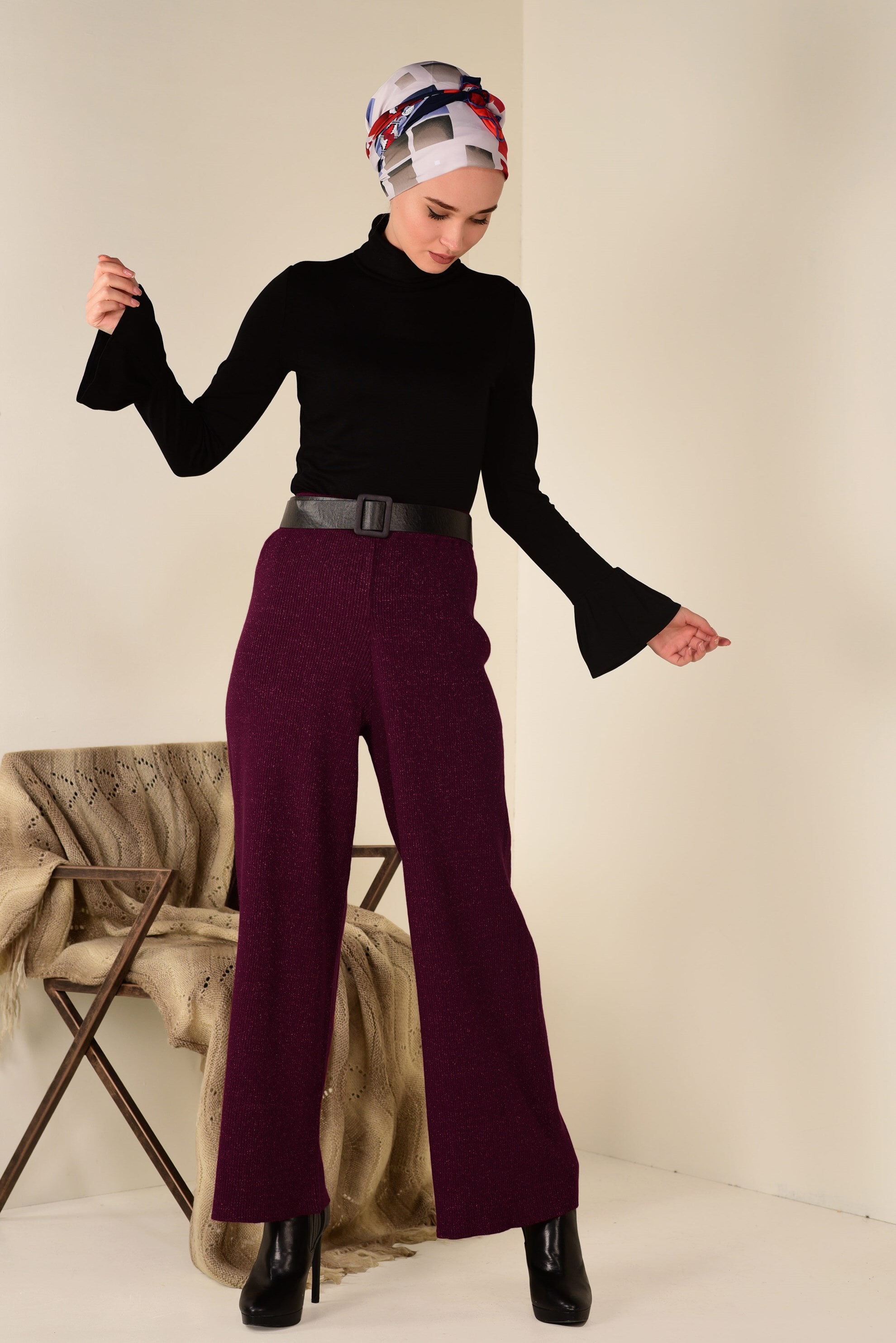 Tesettür giyim BORDO FİTİLLİ TRİKO PANTOLON 7400