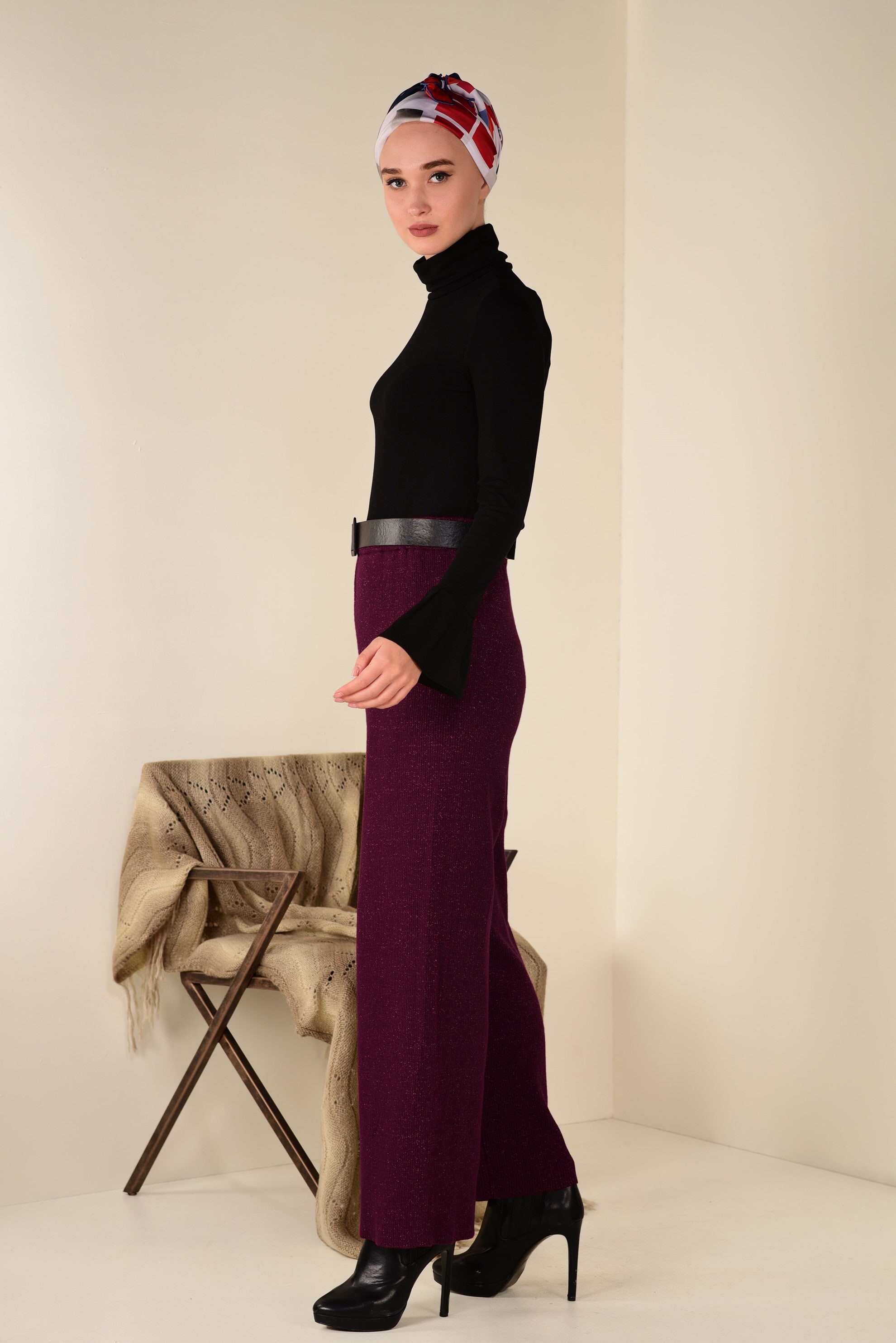 Tesettür giyim BORDO FİTİLLİ TRİKO PANTOLON 7400