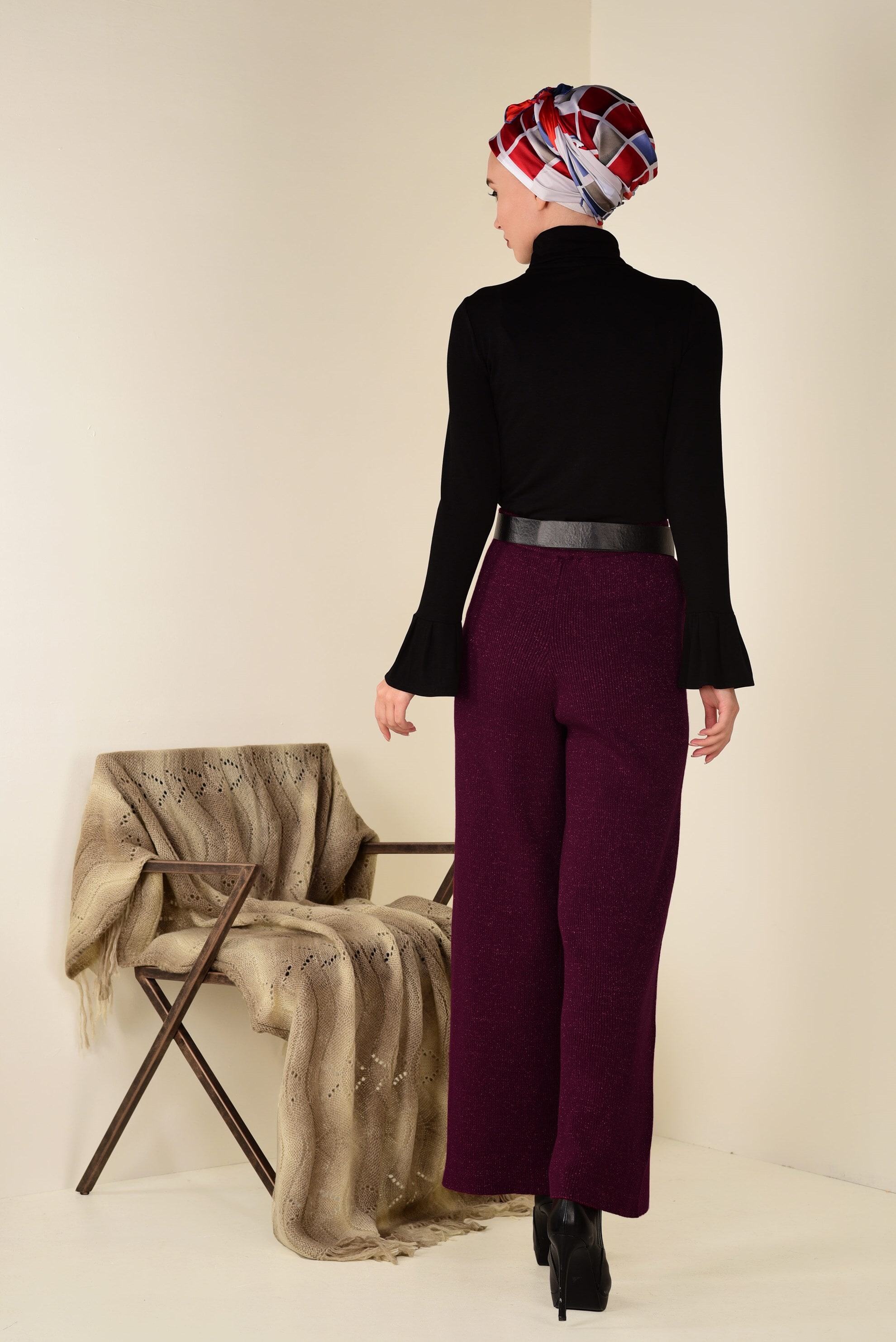 Tesettür giyim BORDO FİTİLLİ TRİKO PANTOLON 7400