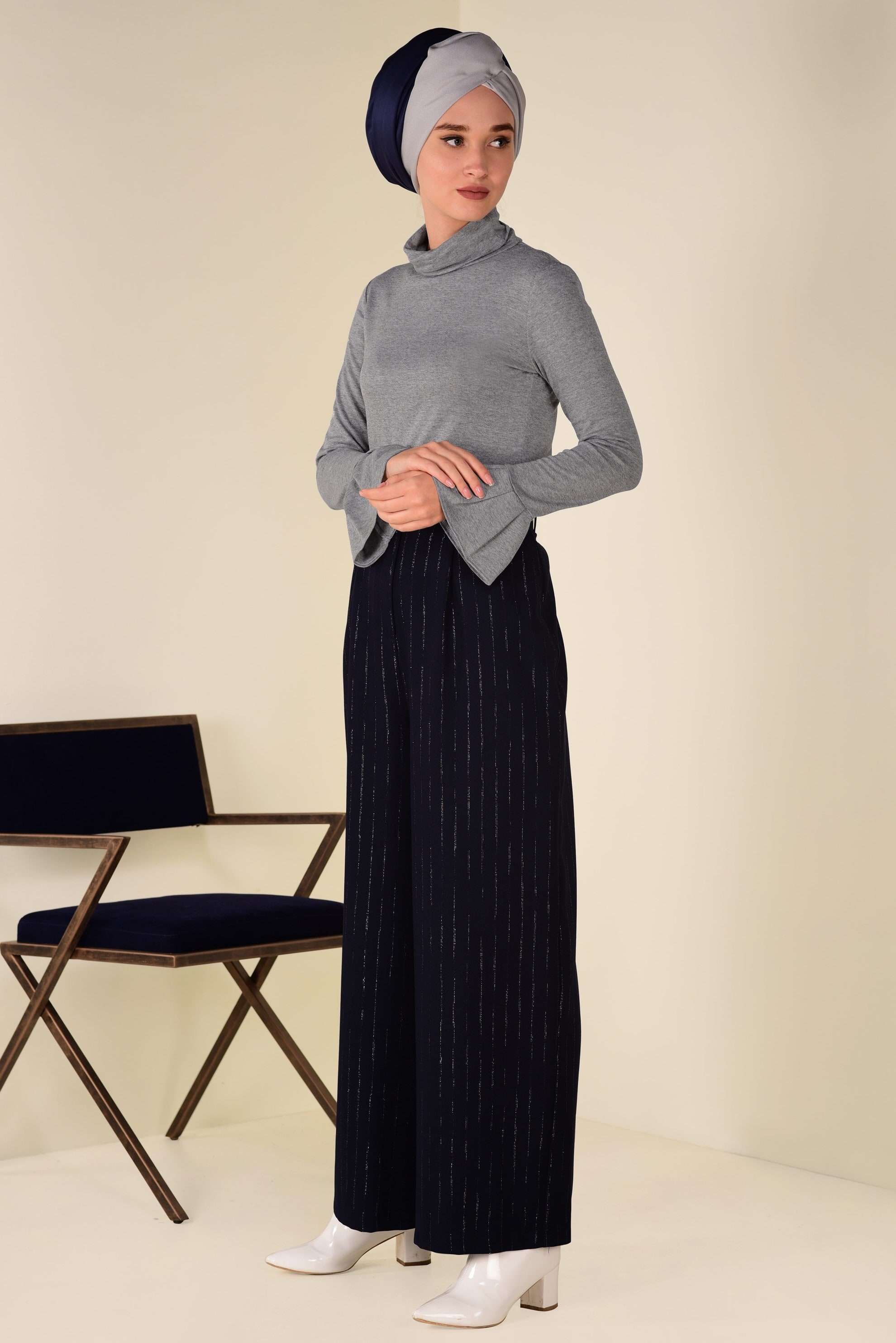 Tesettür giyim LACİVERT SİMLİ ÇİZGİ DESEN KEMERLİ PANTOLON 7401 