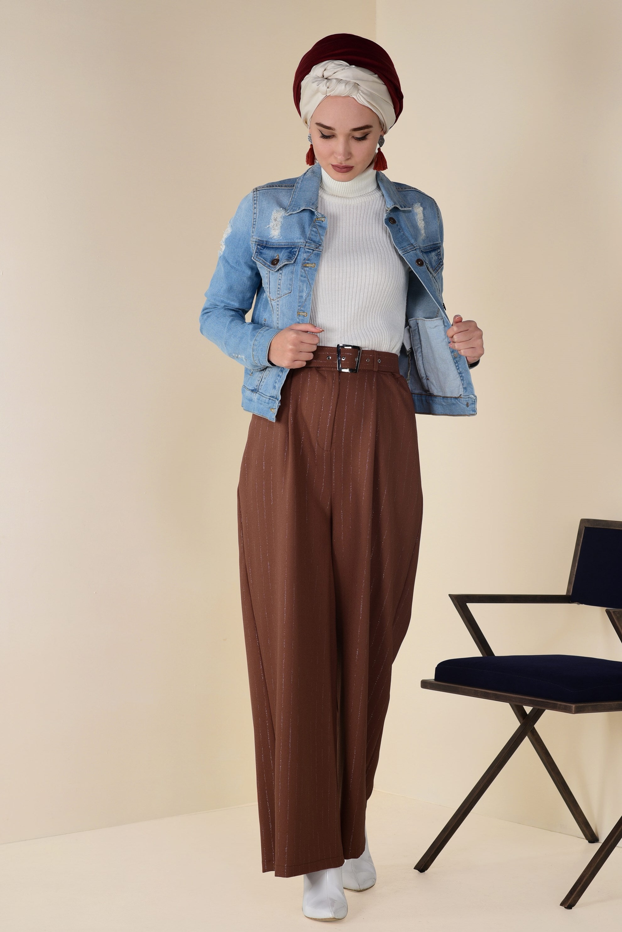 Tesettür giyim TABA SİMLİ ÇİZGİ DESEN KEMERLİ PANTOLON 7401 