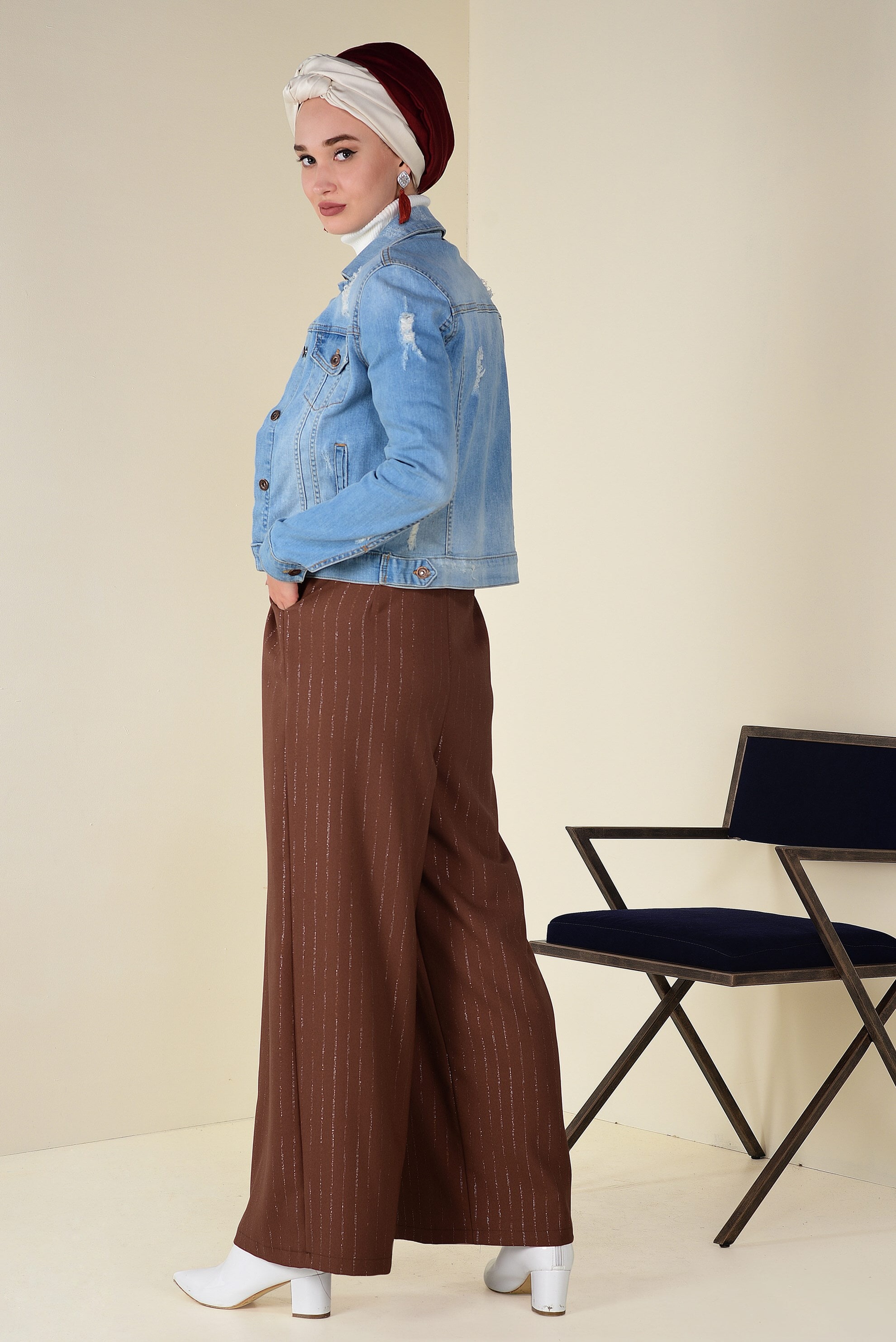 Tesettür giyim TABA SİMLİ ÇİZGİ DESEN KEMERLİ PANTOLON 7401 