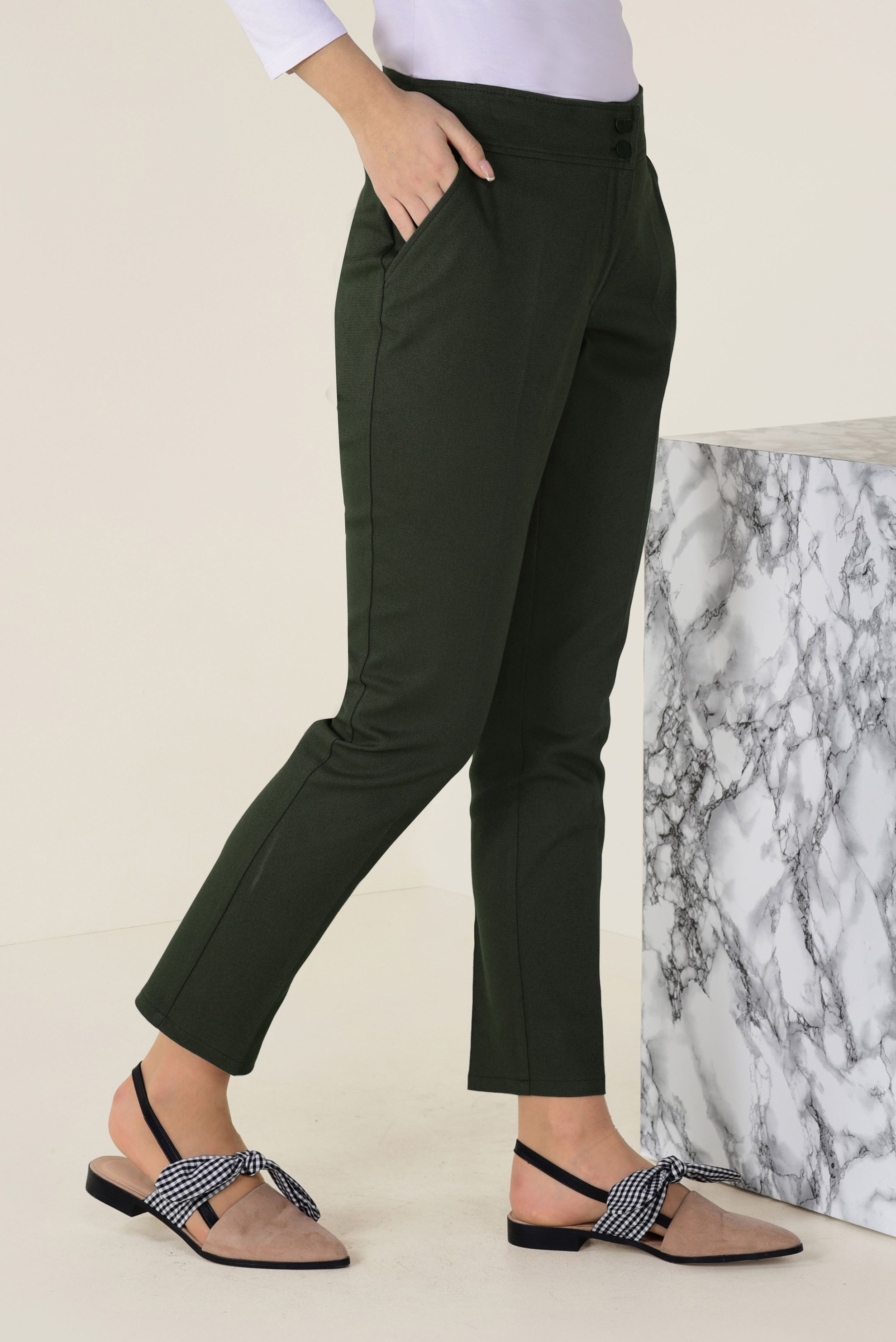 Tesettür giyim HAKİ DAR PAÇA FERMUARLI PANTOLON 7403