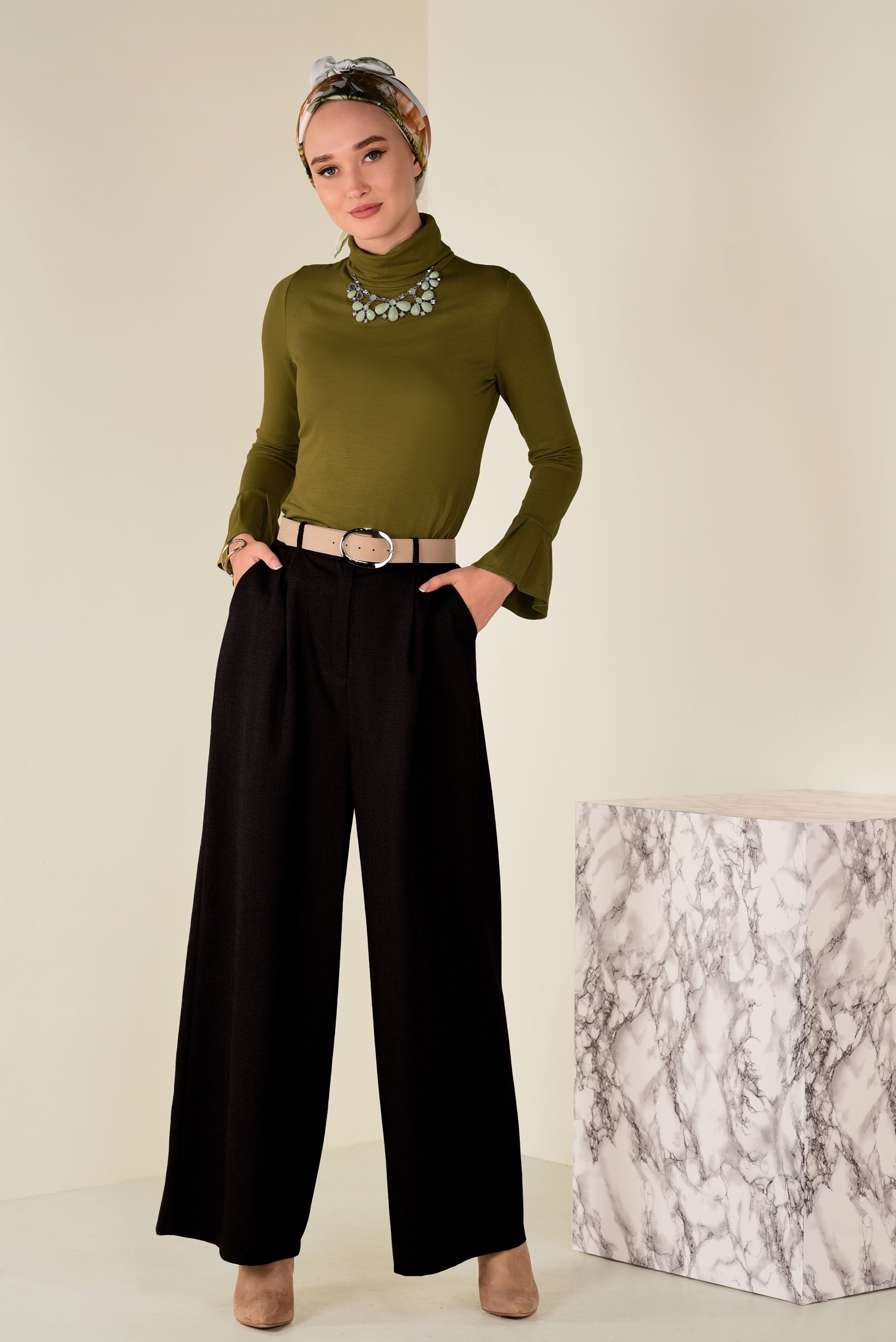 Tesettür giyim SİYAH BOL PAÇA PANTOLON 7404 