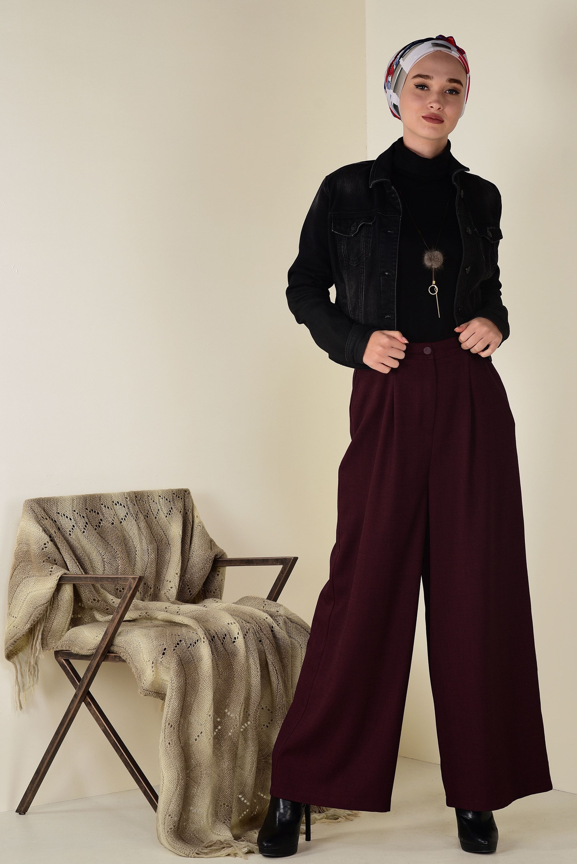 Tesettür giyim BORDO BOL PAÇA PANTOLON 7404 