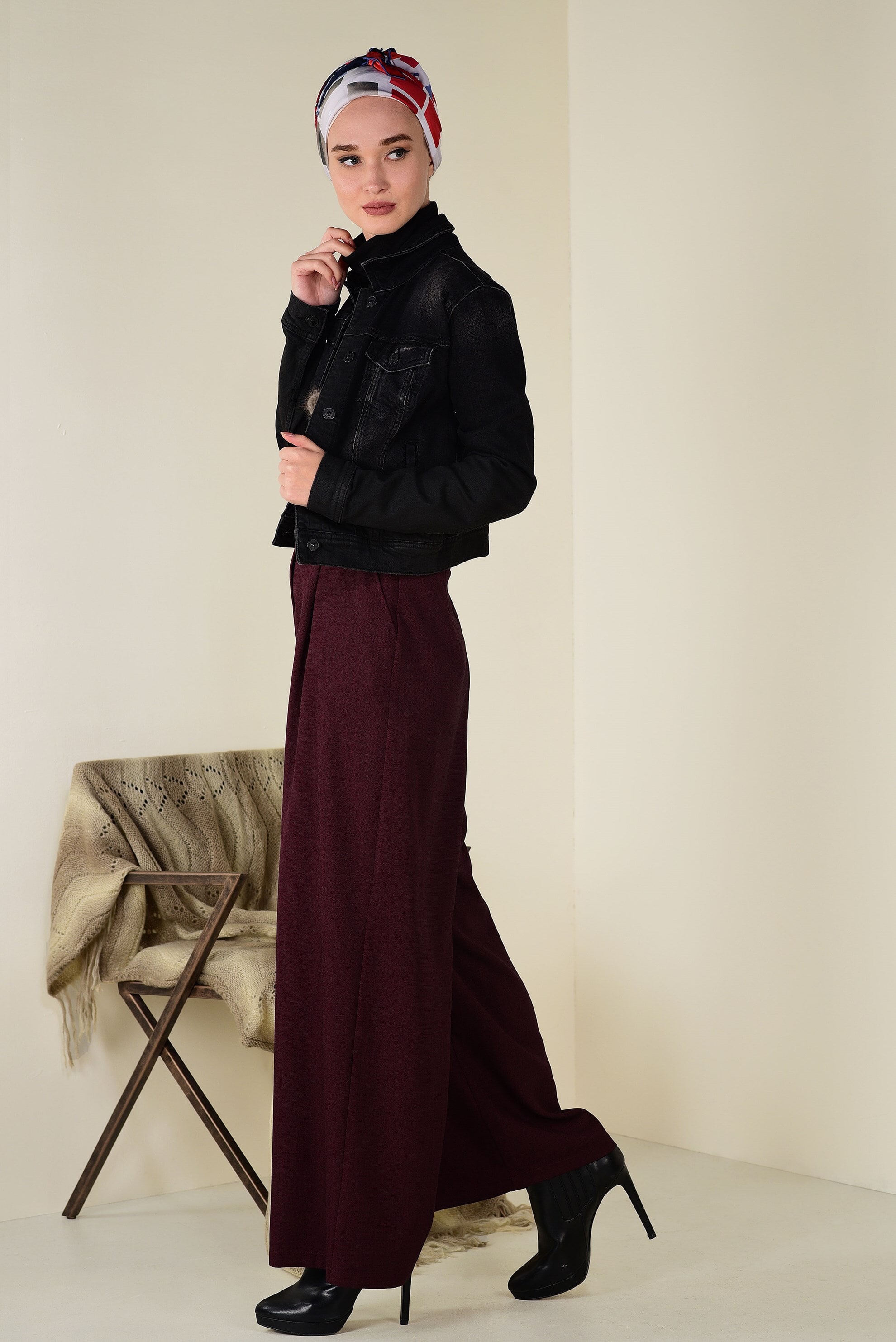 Tesettür giyim BORDO BOL PAÇA PANTOLON 7404 