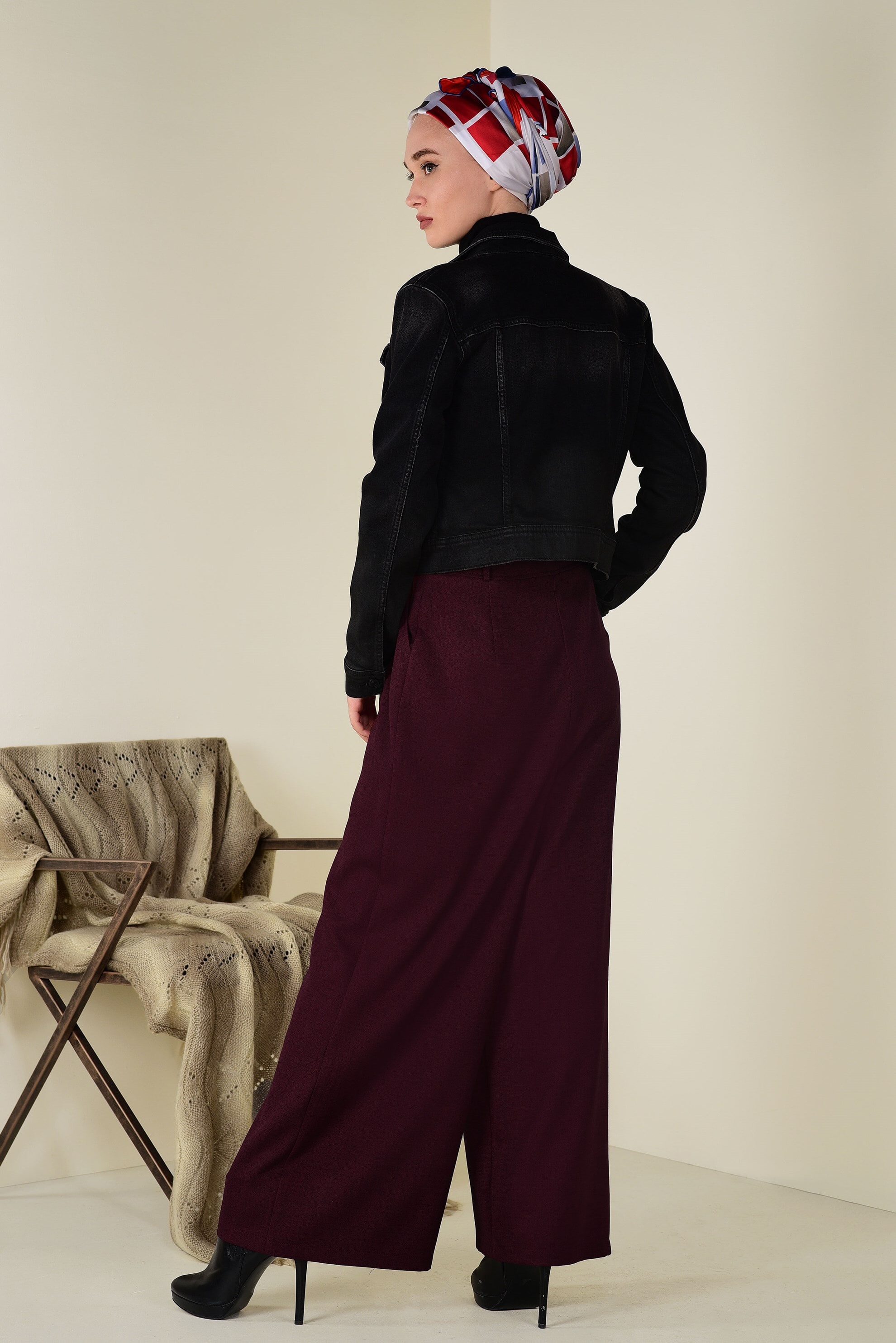 Tesettür giyim BORDO BOL PAÇA PANTOLON 7404 