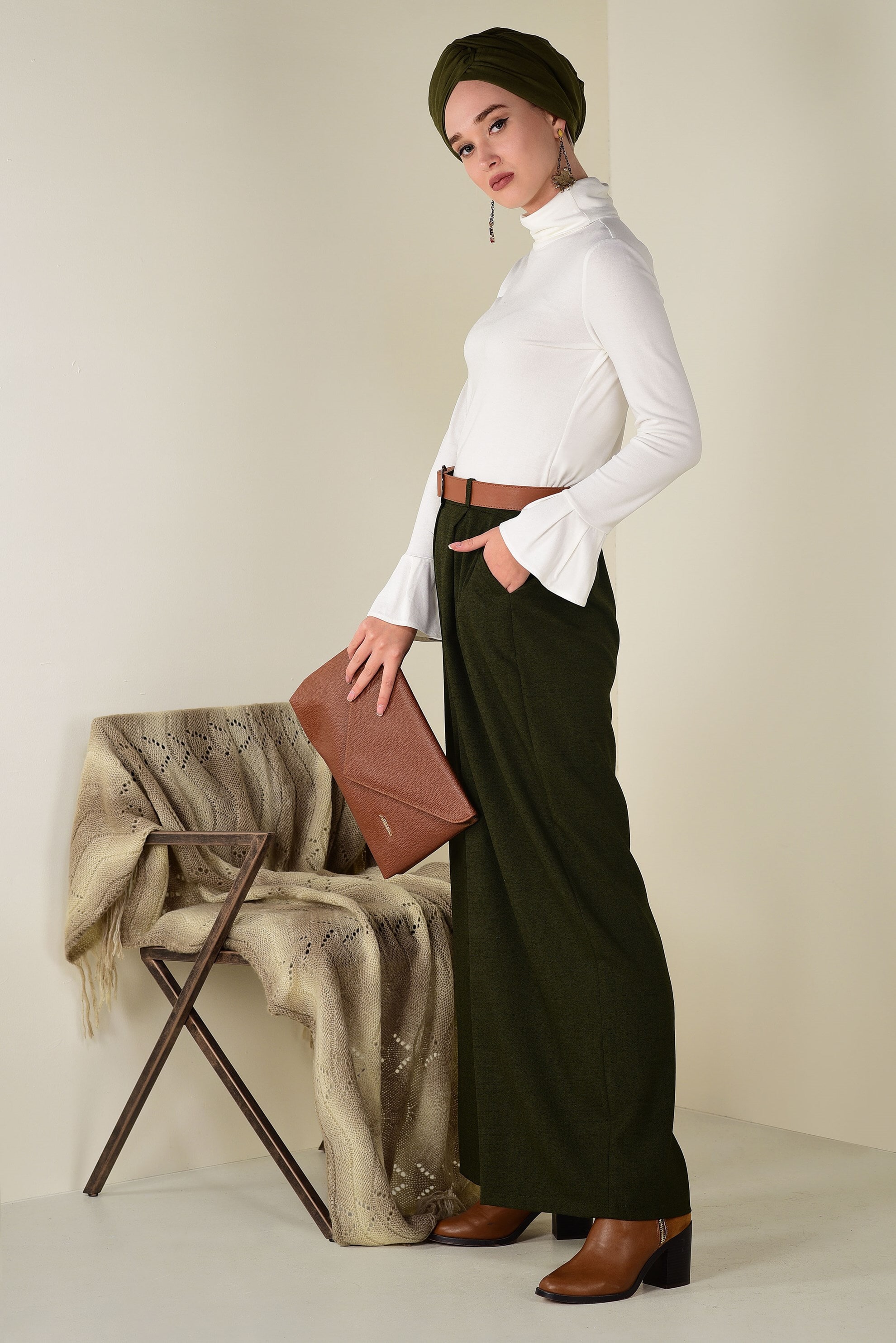 Tesettür giyim HAKİ BOL PAÇA PANTOLON 7404 