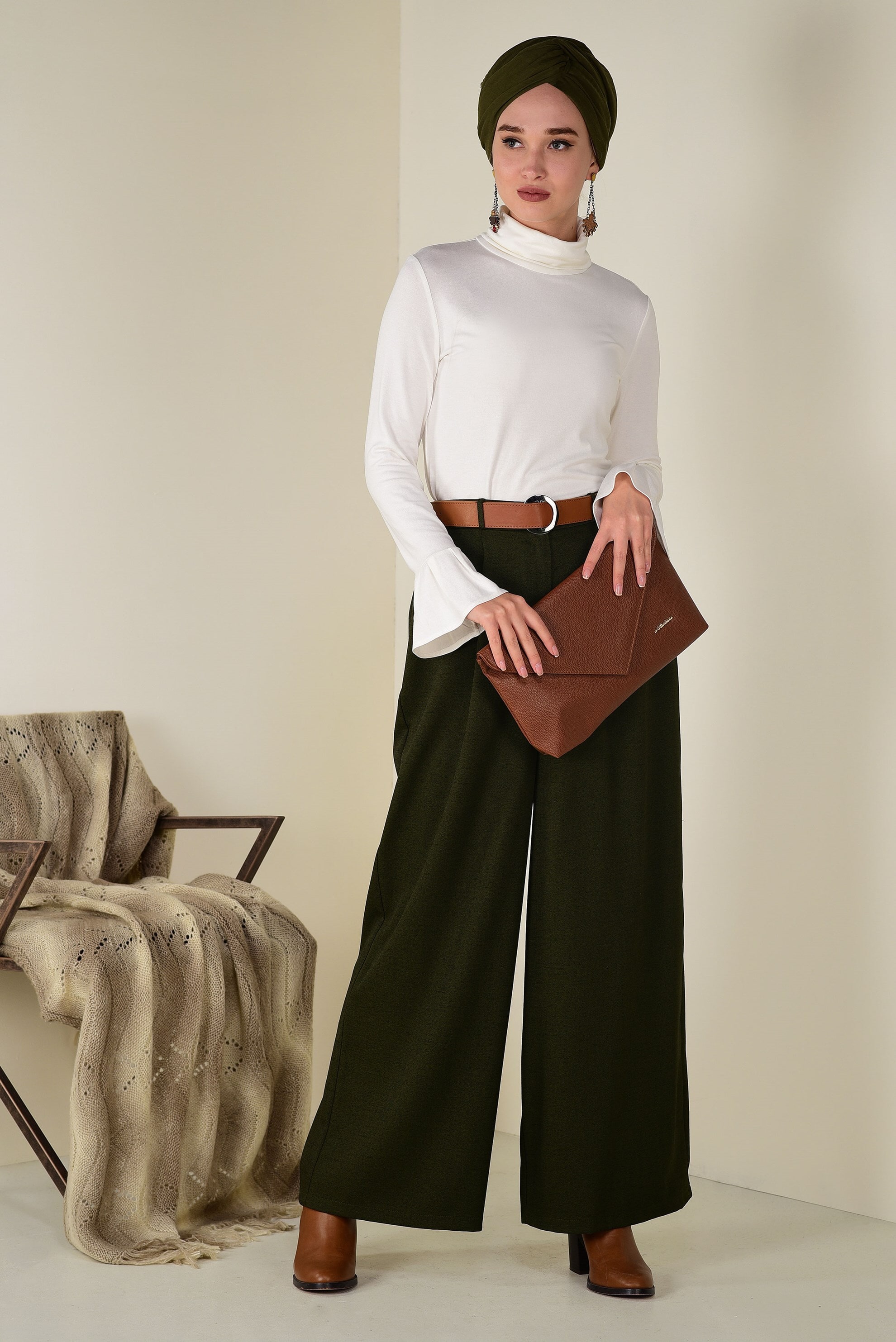 Tesettür giyim HAKİ BOL PAÇA PANTOLON 7404 