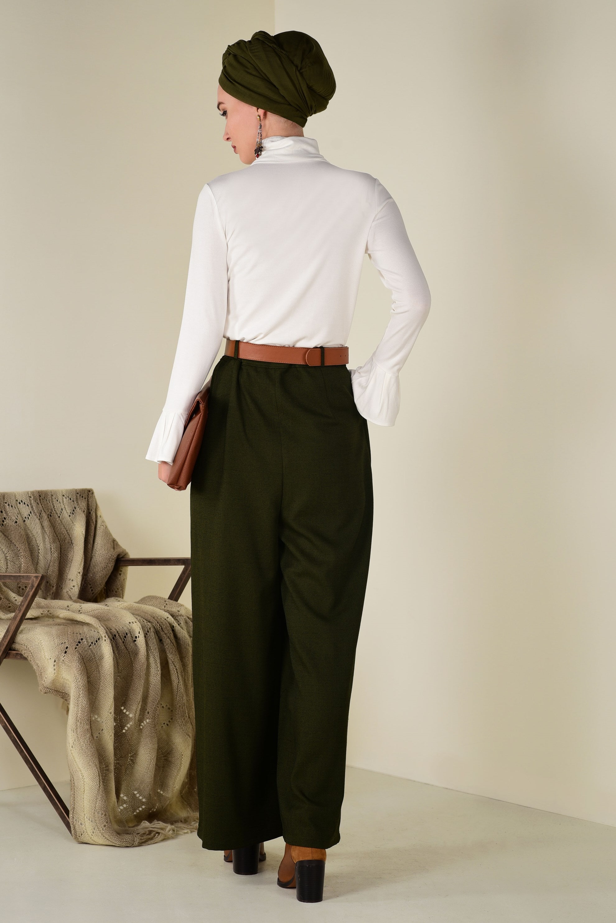 Tesettür giyim HAKİ BOL PAÇA PANTOLON 7404 