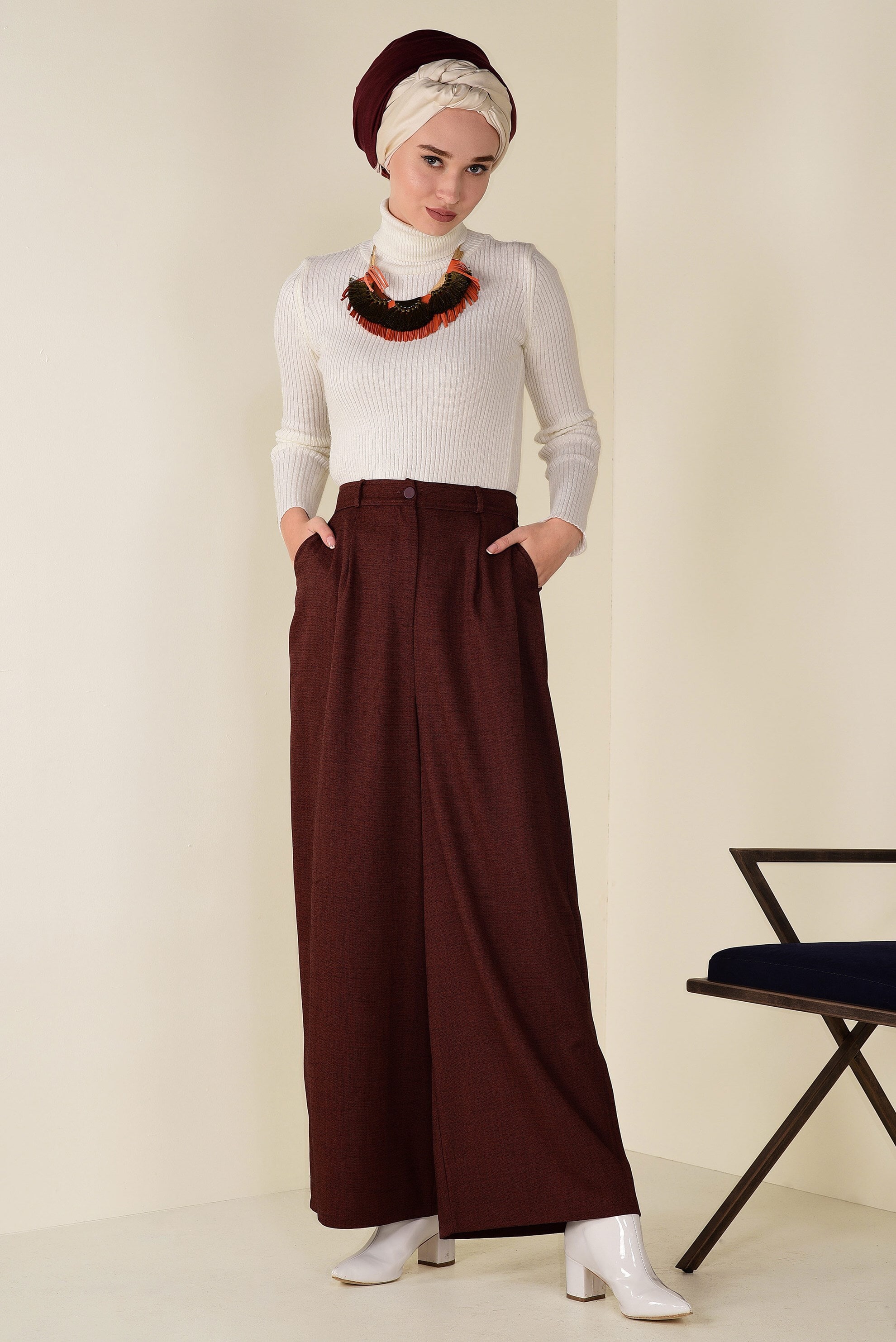 Tesettür giyim TURUNCU BOL PAÇA PANTOLON 7404 