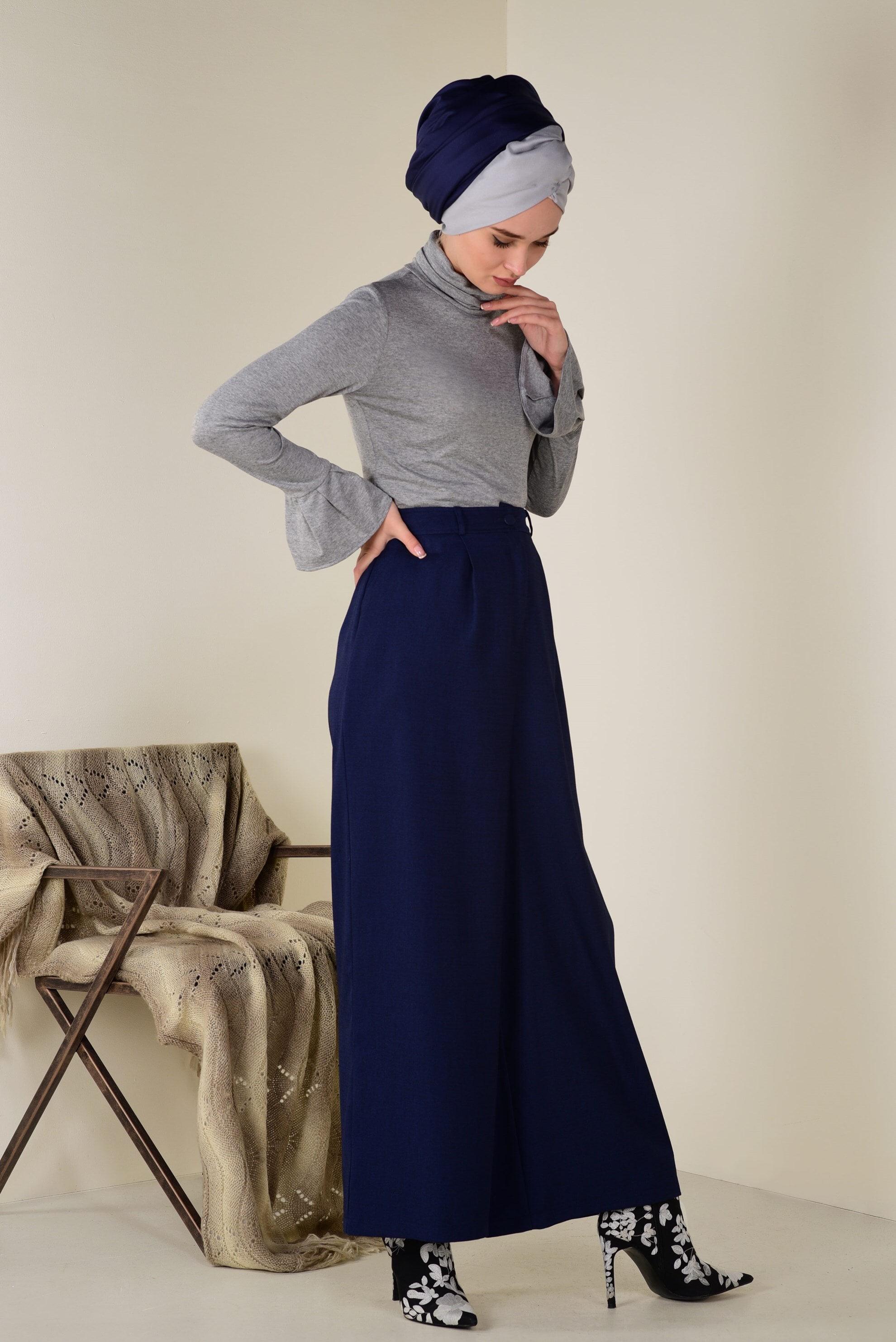 Tesettür giyim LACİVERT BOL PAÇA PANTOLON 7404 