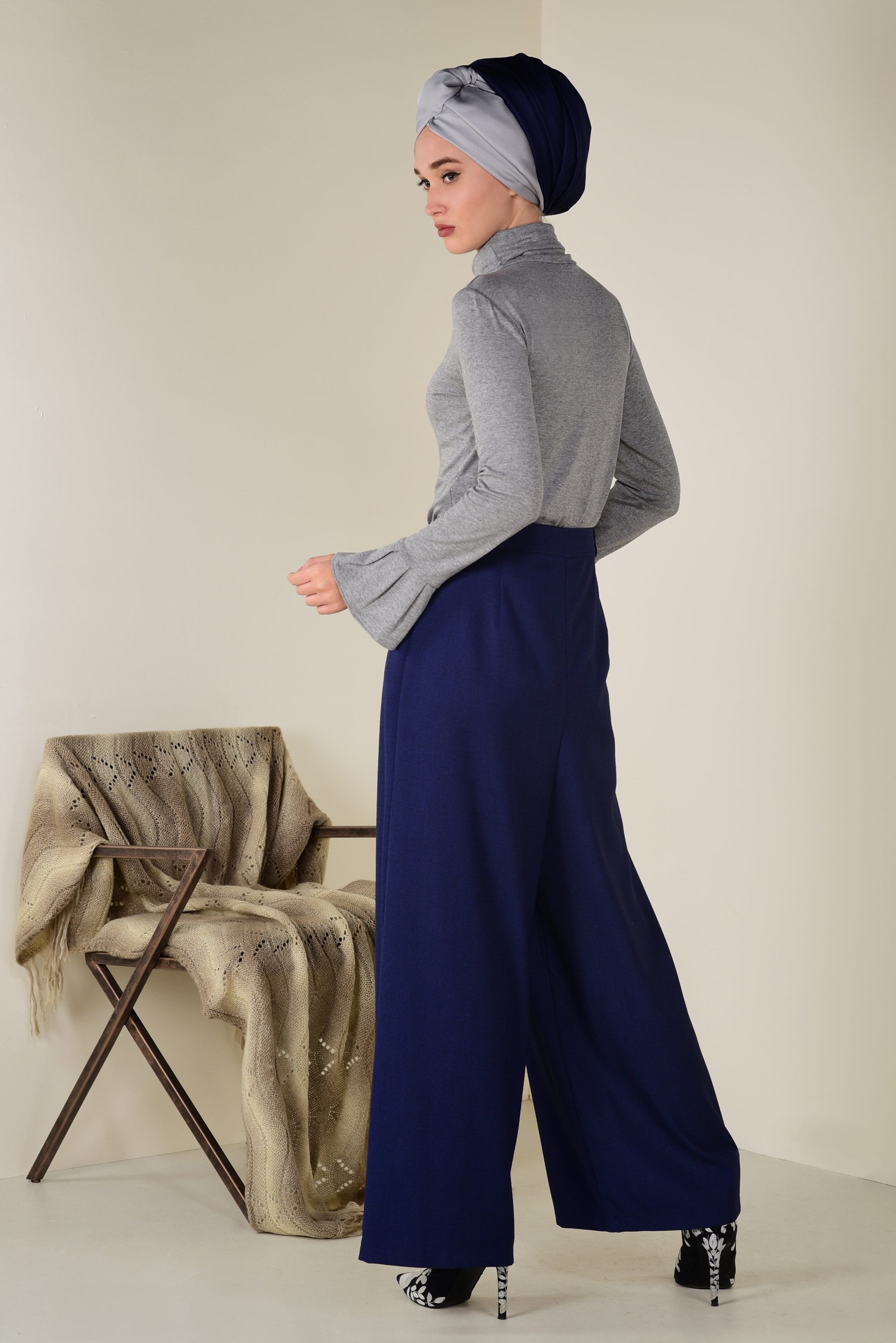 Tesettür giyim LACİVERT BOL PAÇA PANTOLON 7404 