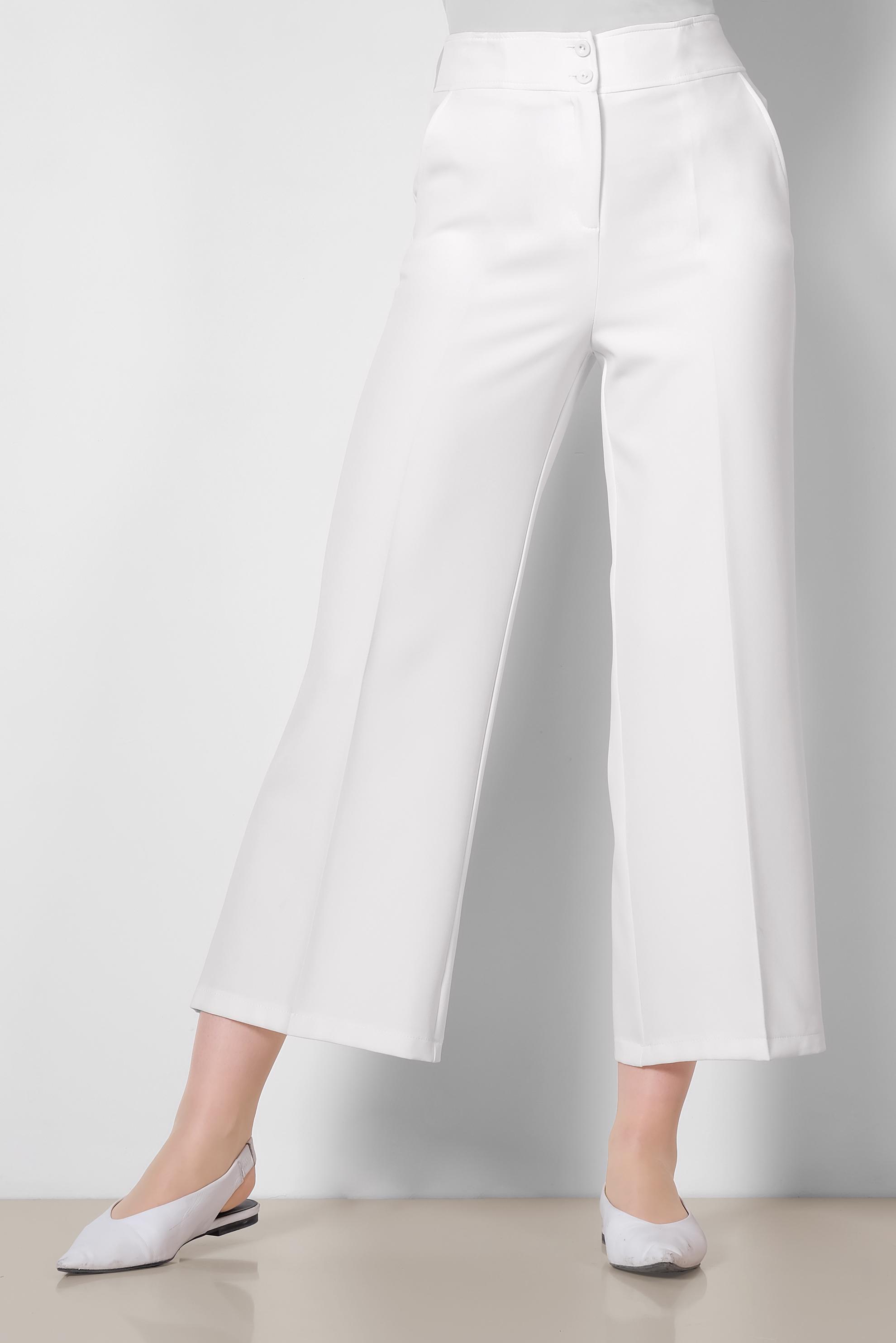 Tesettür giyim BEYAZ YÜKSEK BEL BOL KESİM PANTOLON 7407 