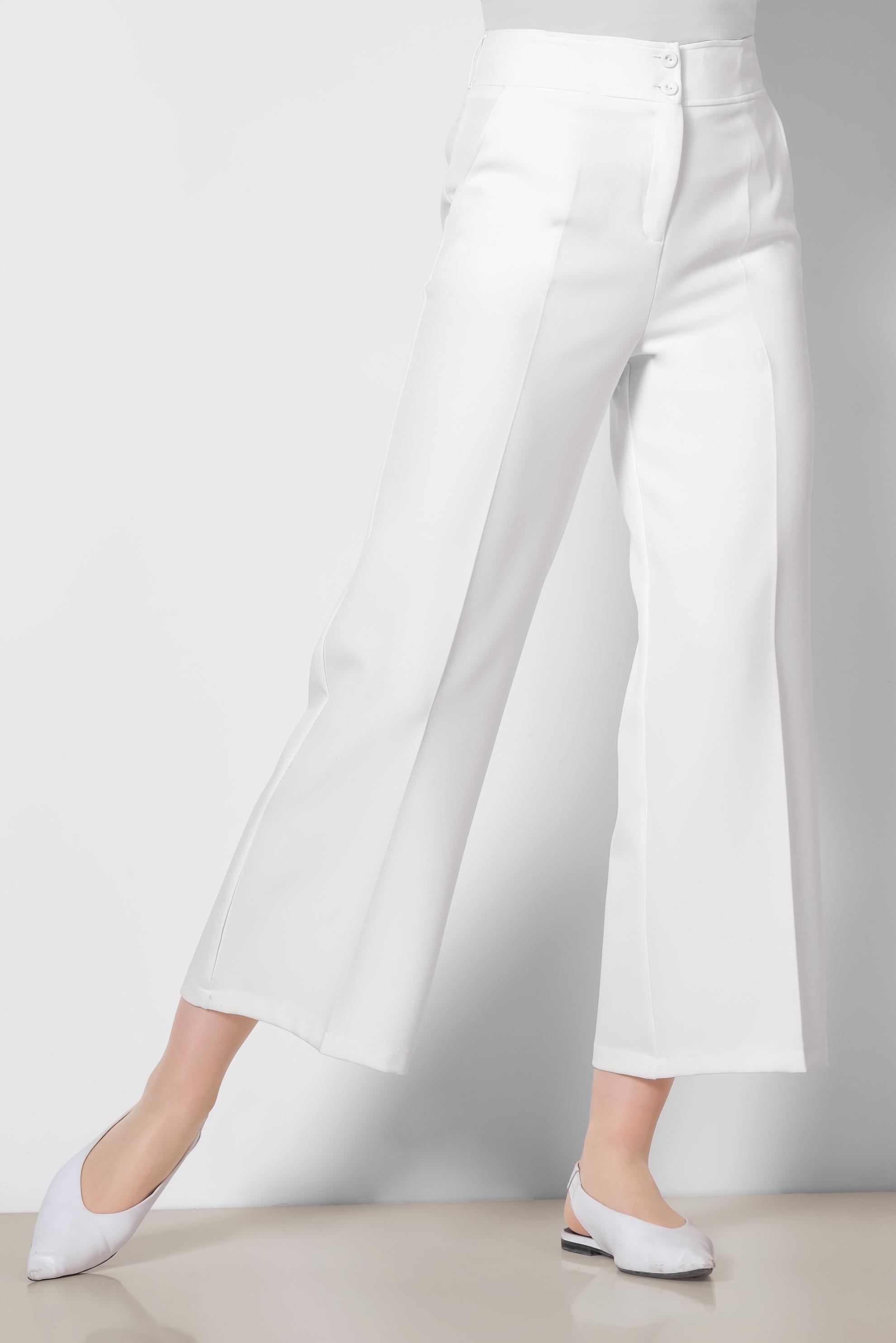 Tesettür giyim BEYAZ YÜKSEK BEL BOL KESİM PANTOLON 7407 