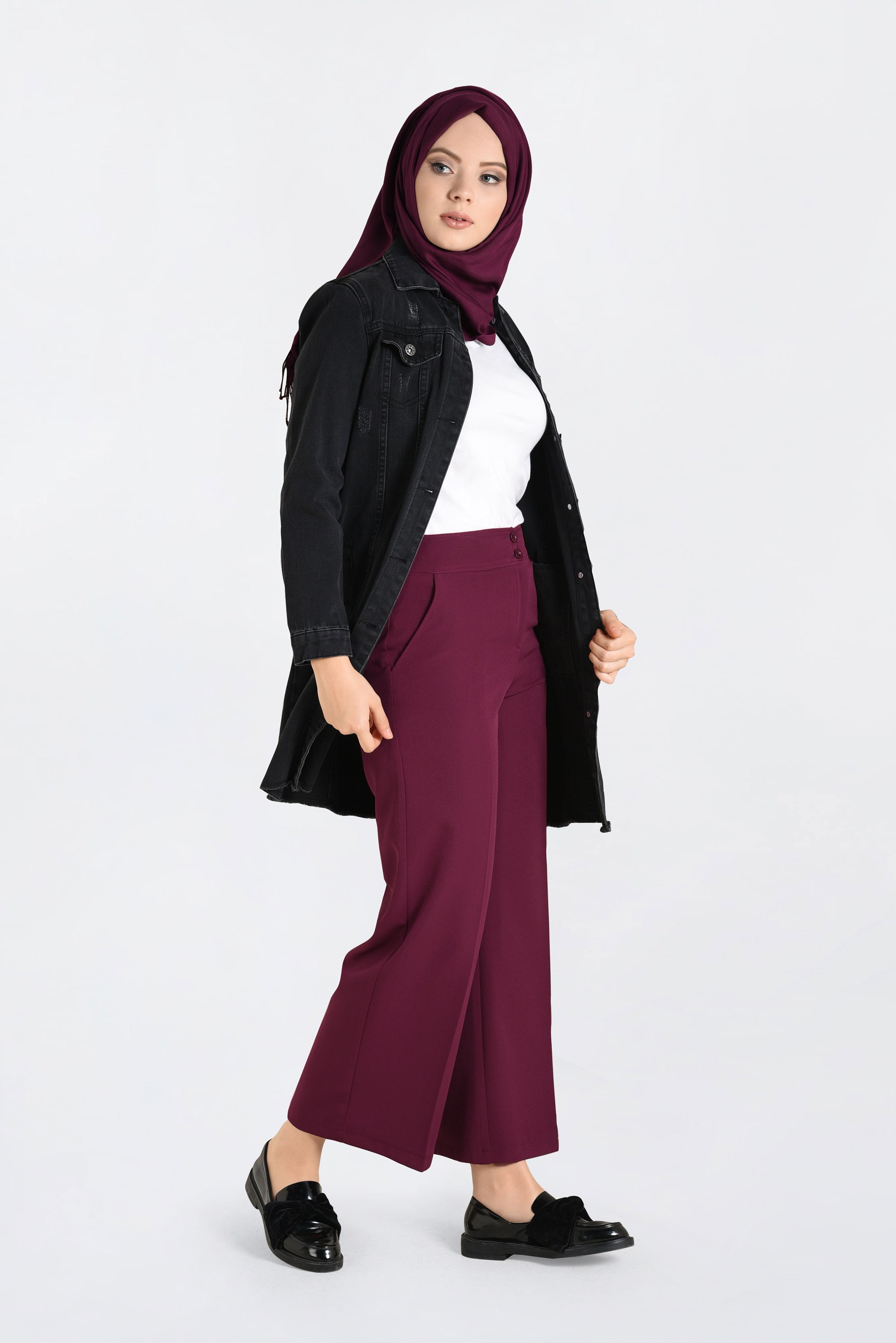 Tesettür giyim BORDO YÜKSEK BEL BOL KESİM PANTOLON 7407 