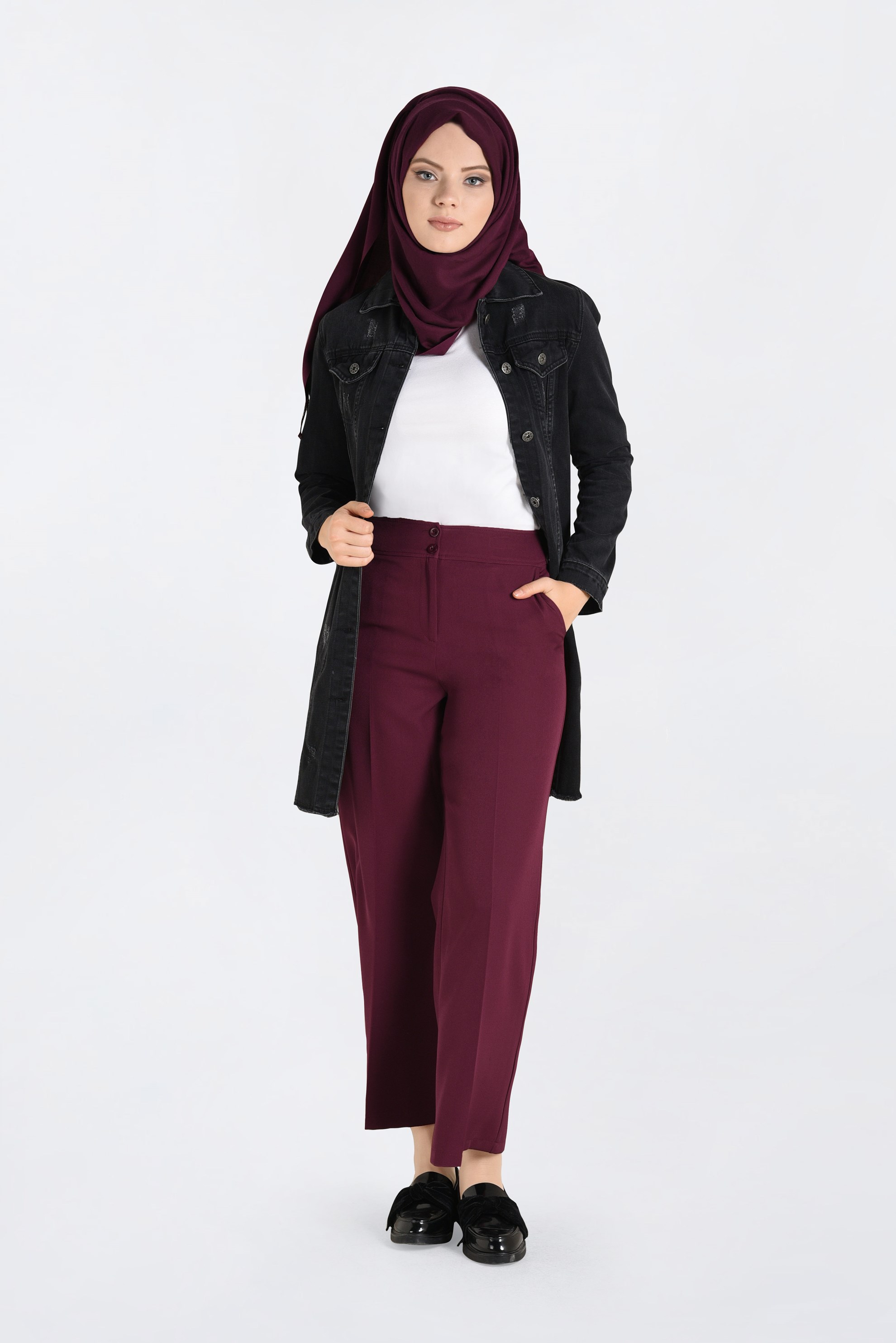 Tesettür giyim BORDO YÜKSEK BEL BOL KESİM PANTOLON 7407 