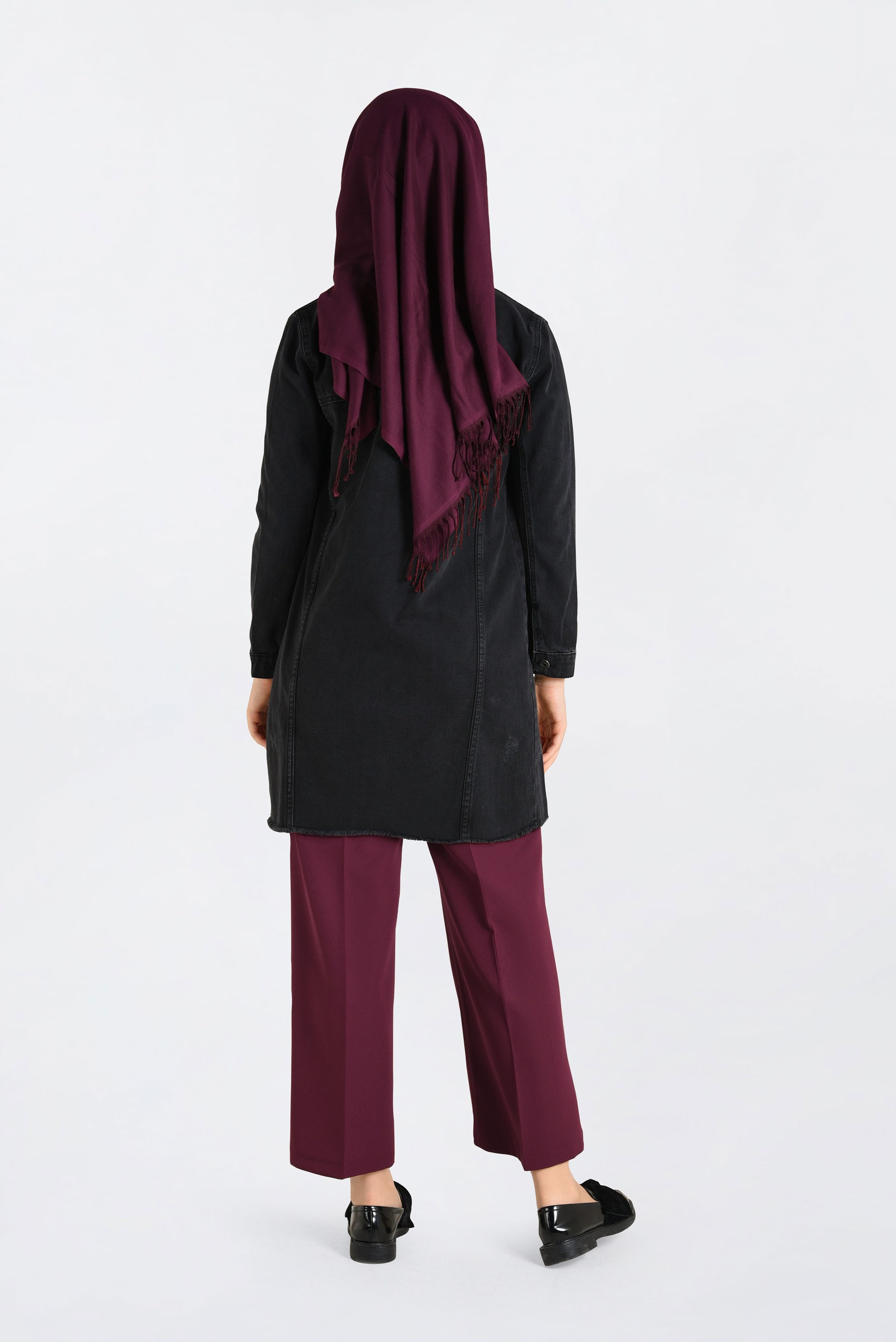 Tesettür giyim BORDO YÜKSEK BEL BOL KESİM PANTOLON 7407 