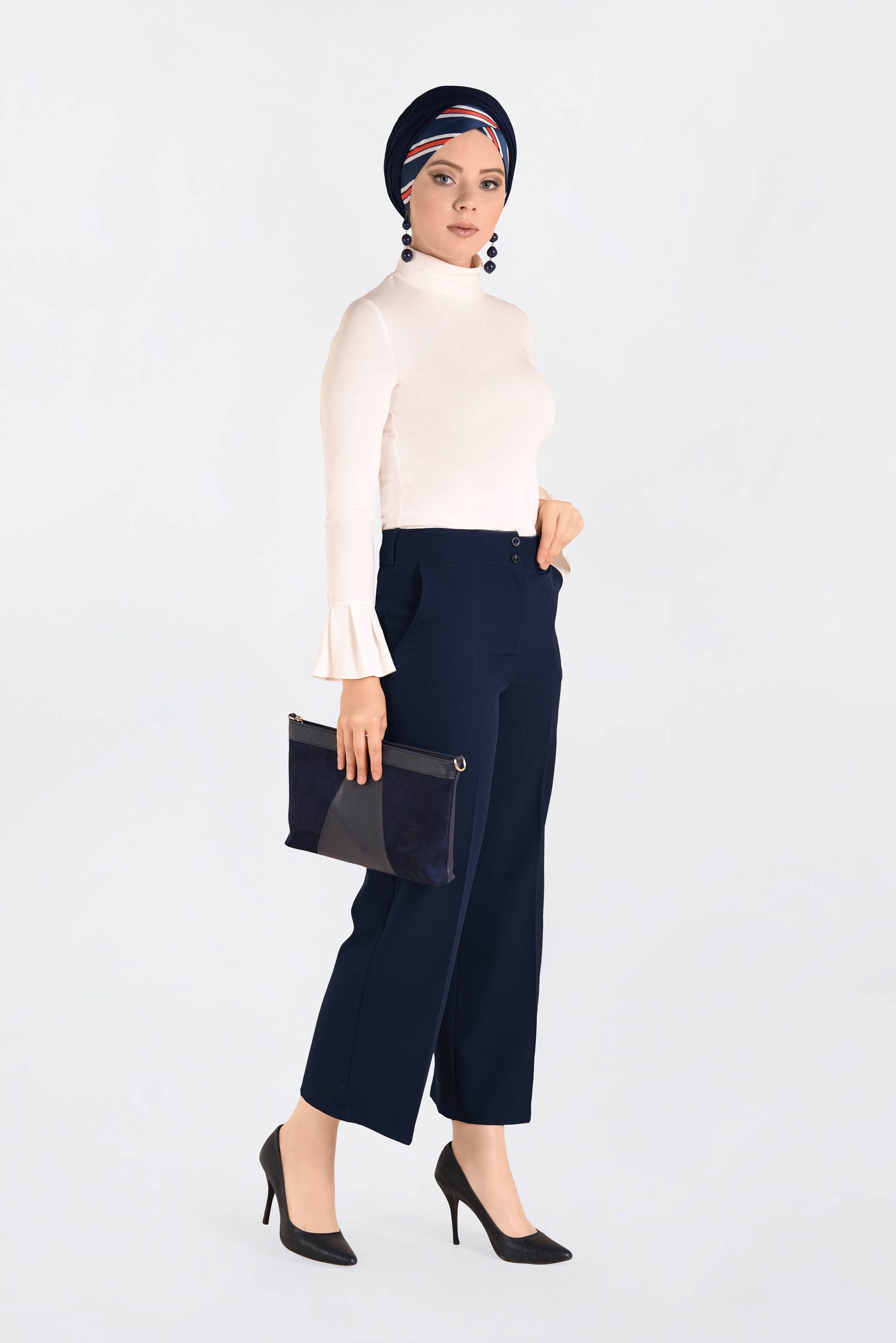 Tesettür giyim LACİVERT YÜKSEK BEL BOL KESİM PANTOLON 7407 