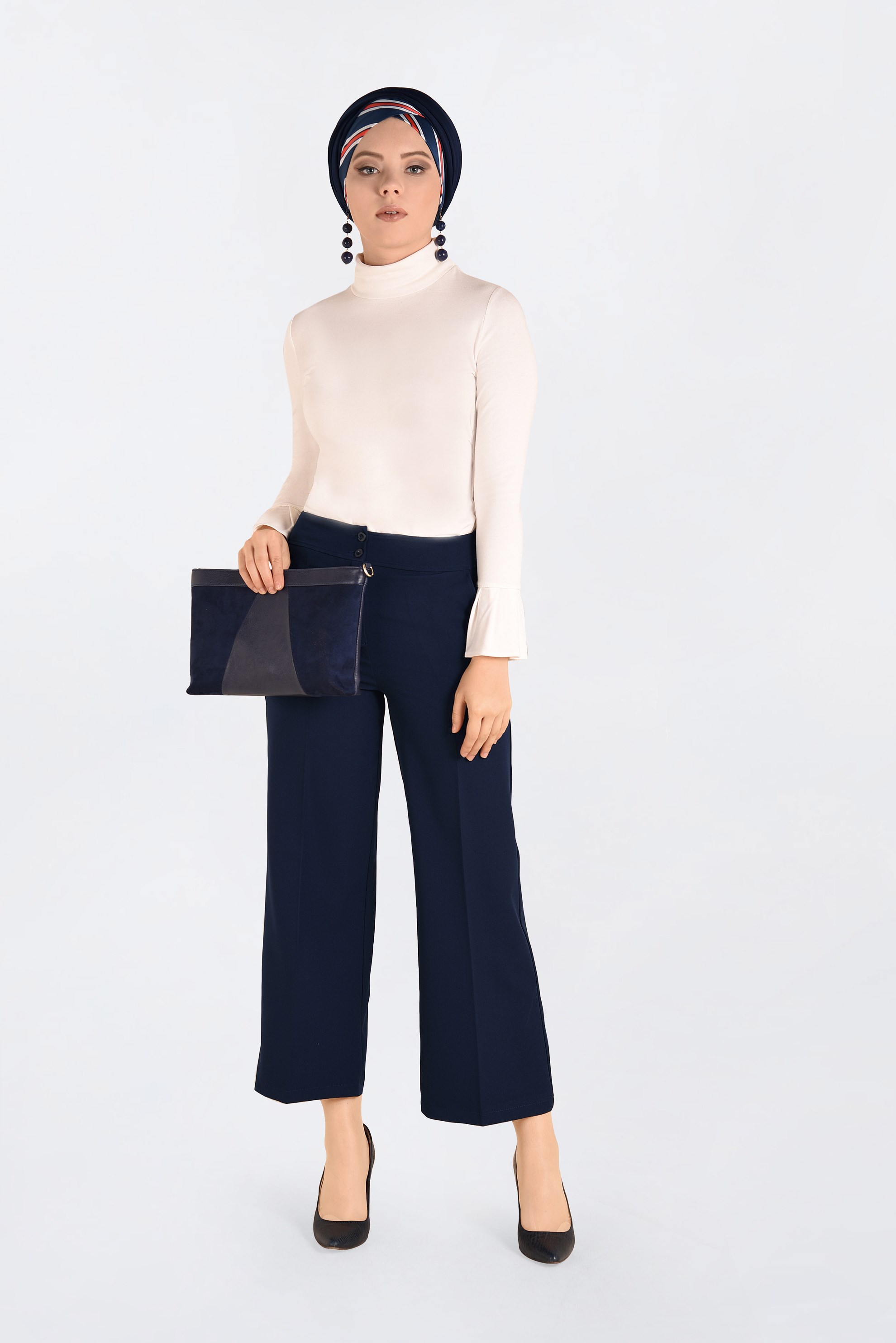 Tesettür giyim LACİVERT YÜKSEK BEL BOL KESİM PANTOLON 7407 