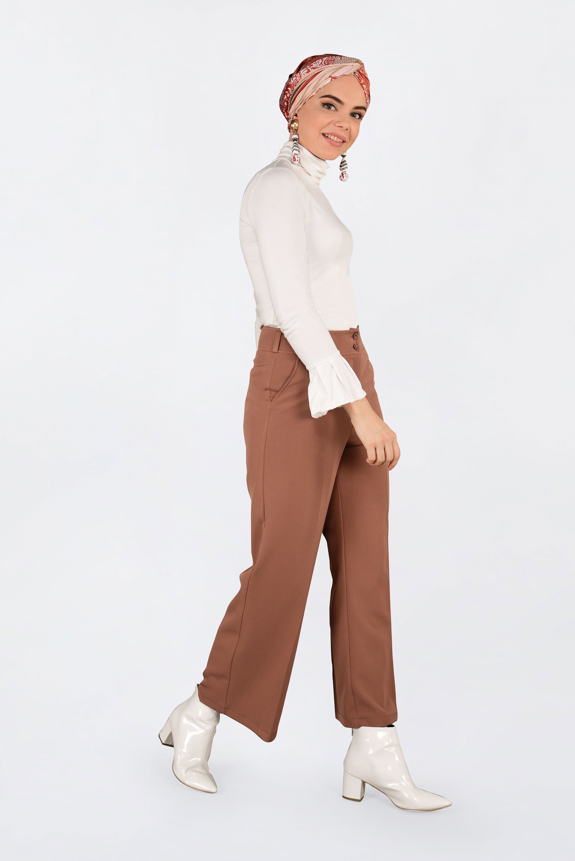 Tesettür giyim TABA YÜKSEK BEL BOL KESİM PANTOLON 7407 