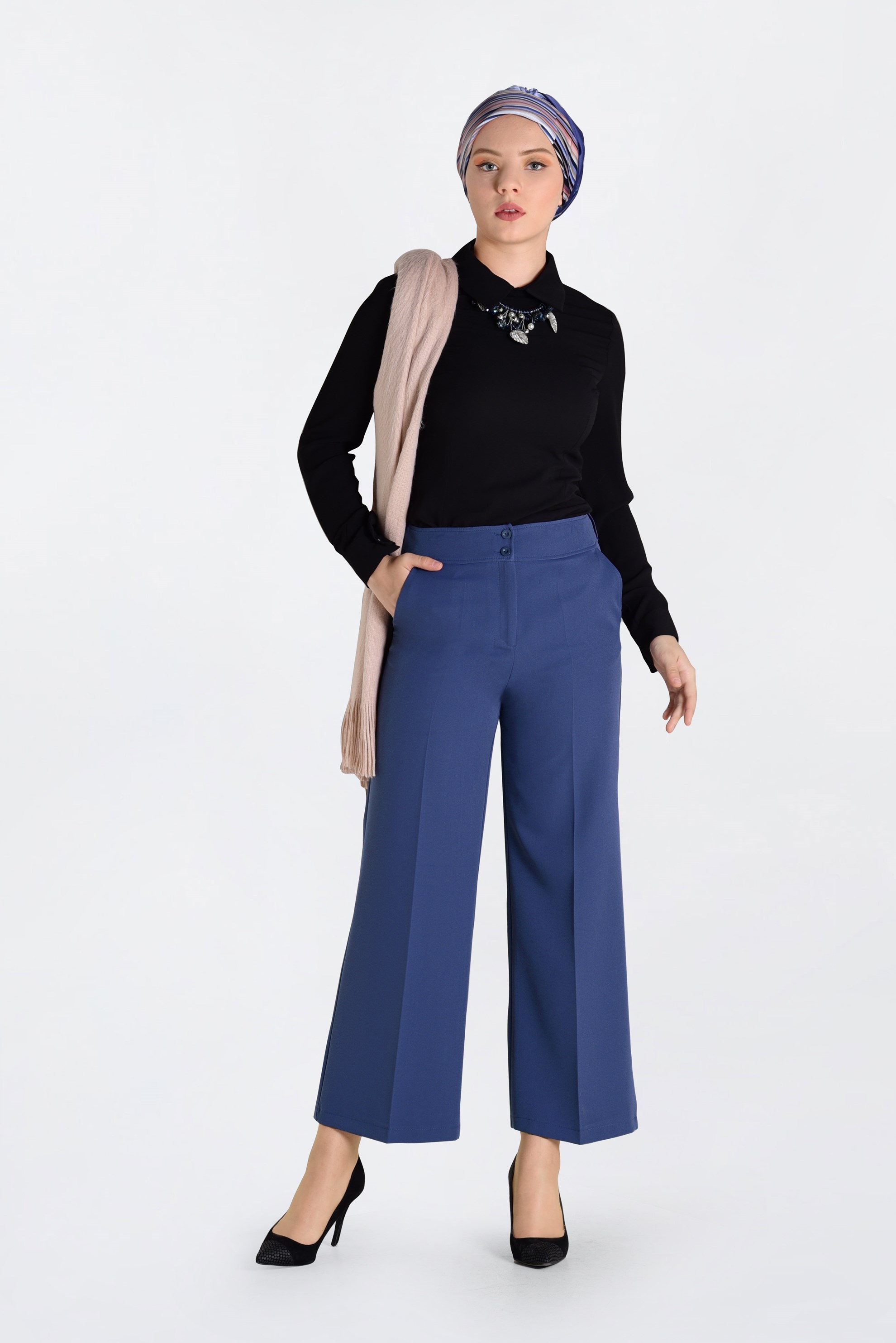 Tesettür giyim LACİVERT YÜKSEK BEL BOL KESİM PANTOLON 7407 
