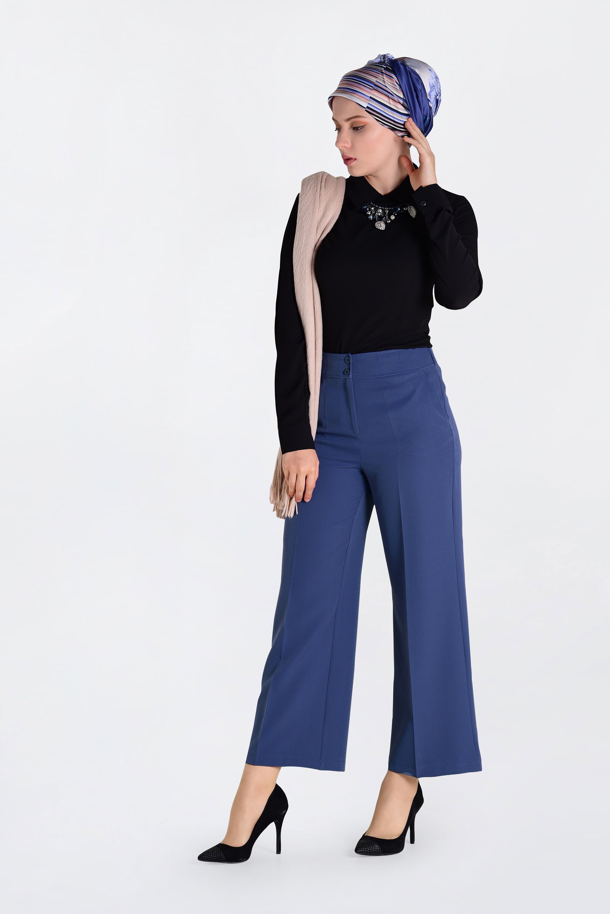 Tesettür giyim LACİVERT YÜKSEK BEL BOL KESİM PANTOLON 7407 