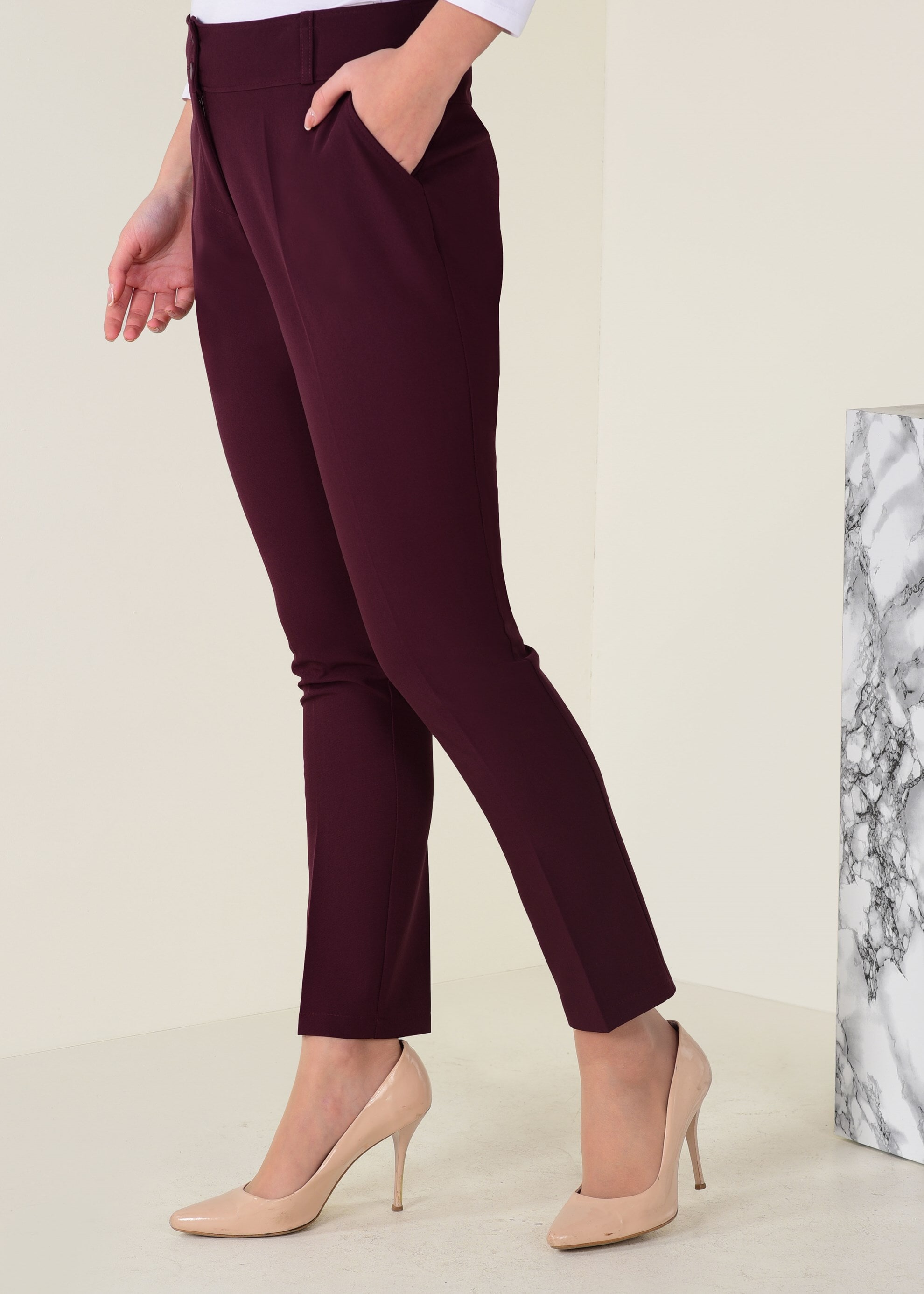 Tesettür giyim BORDO ARA BEL DÜĞMELİ PANTOLON 7408 