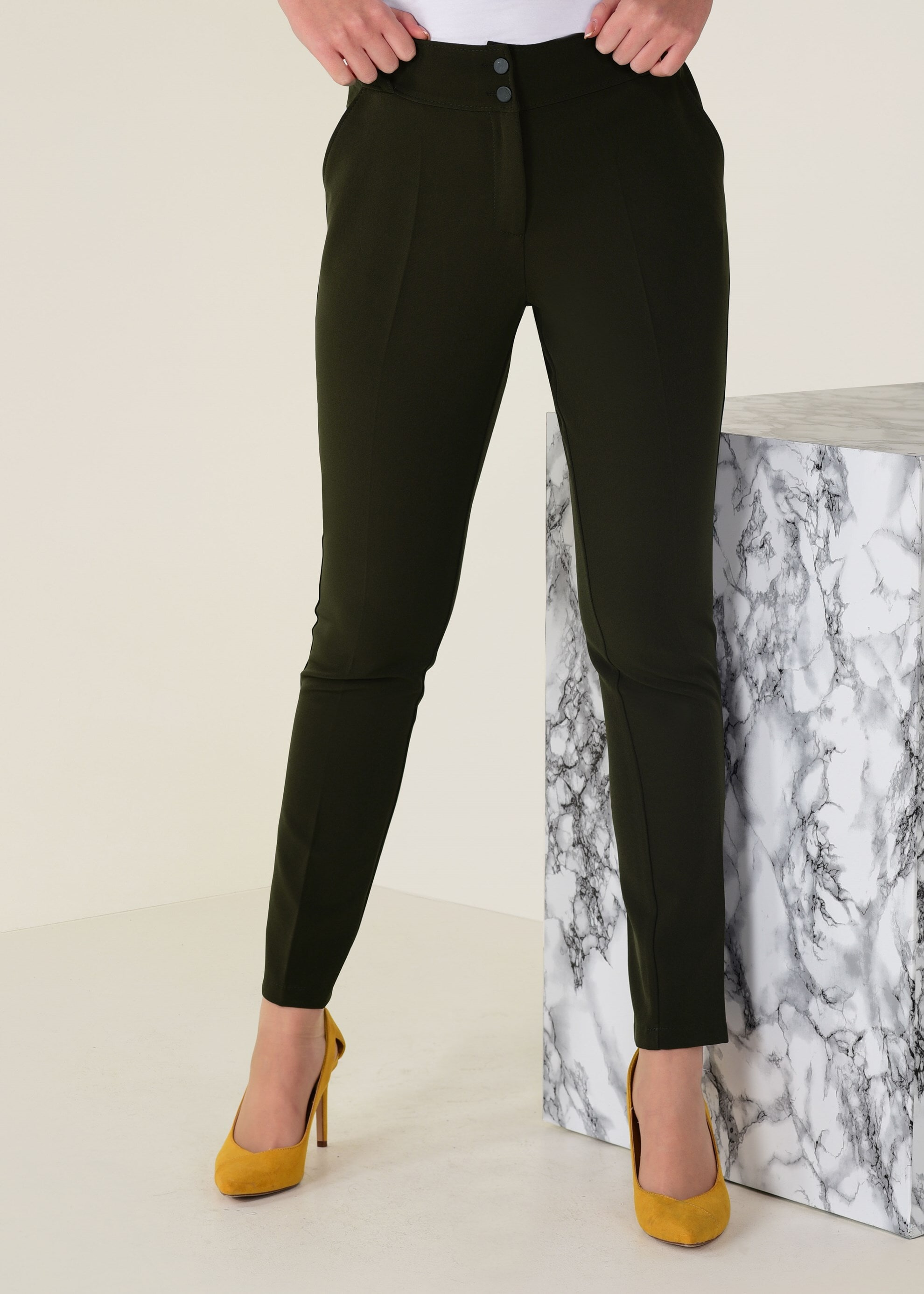 Tesettür giyim HAKİ ARA BEL DÜĞMELİ PANTOLON 7408 