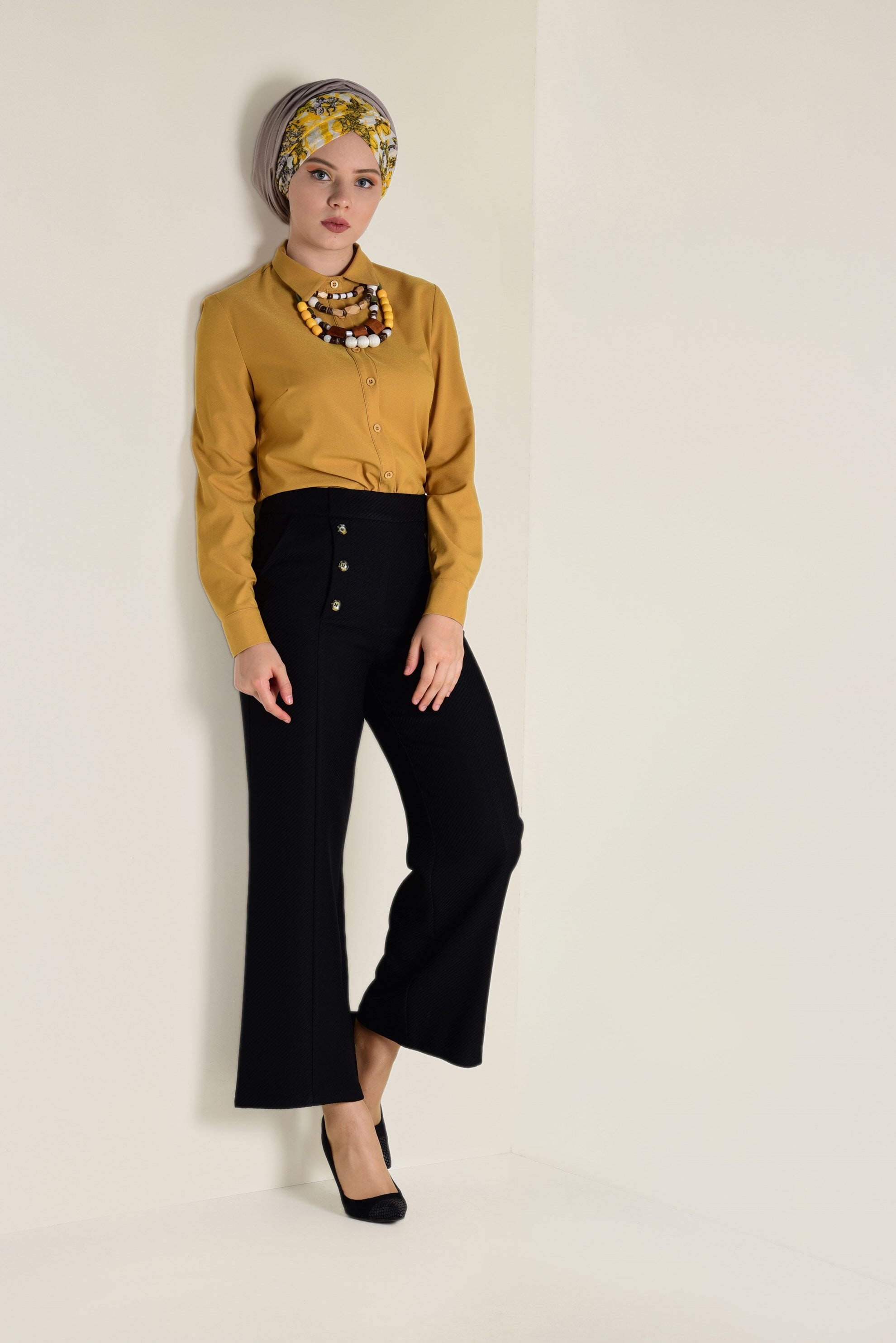 Tesettür giyim SİYAH YÜKSEL BEL DÜĞME DETAYLI PANTOLON 7410